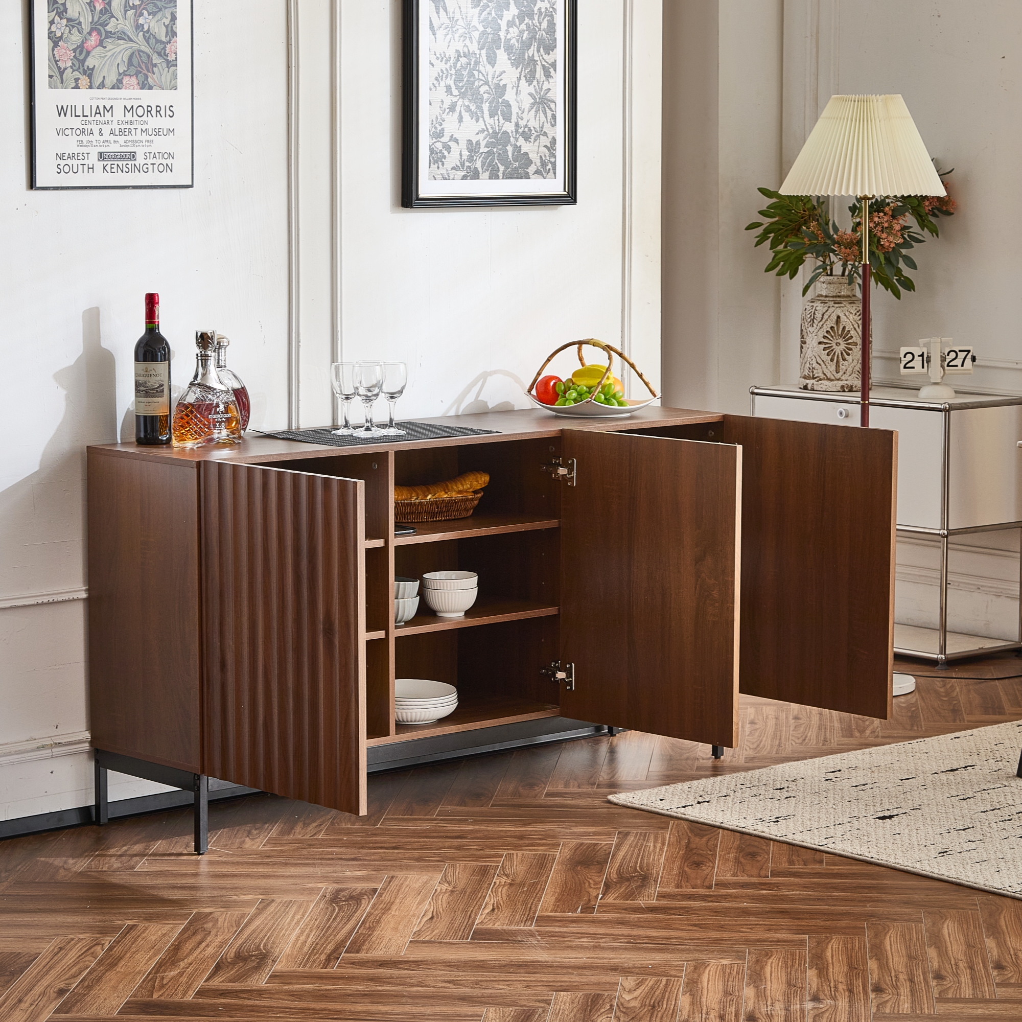Buffet 150 x 40 x 80 cm, 3 portes, étagères réglables, MDF, Effet bois naturel - vue complémentaire