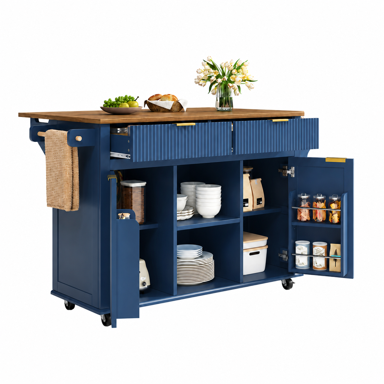 Îlot de cuisine, pliable, mobile sur roulettes, rangement intégré, 143 x 45 x 89,5 cm, MDF, marron - vue 3