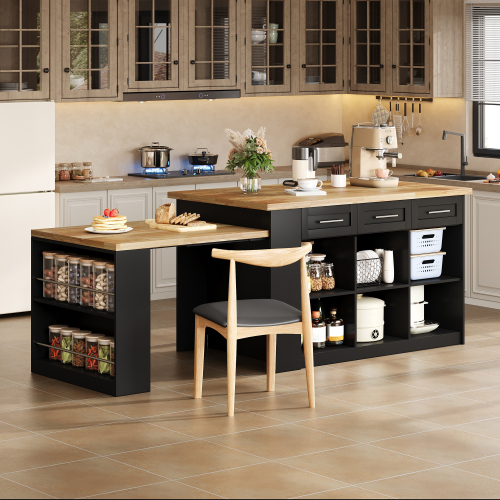 Îlot de cuisine noir avec table extensible intégrée