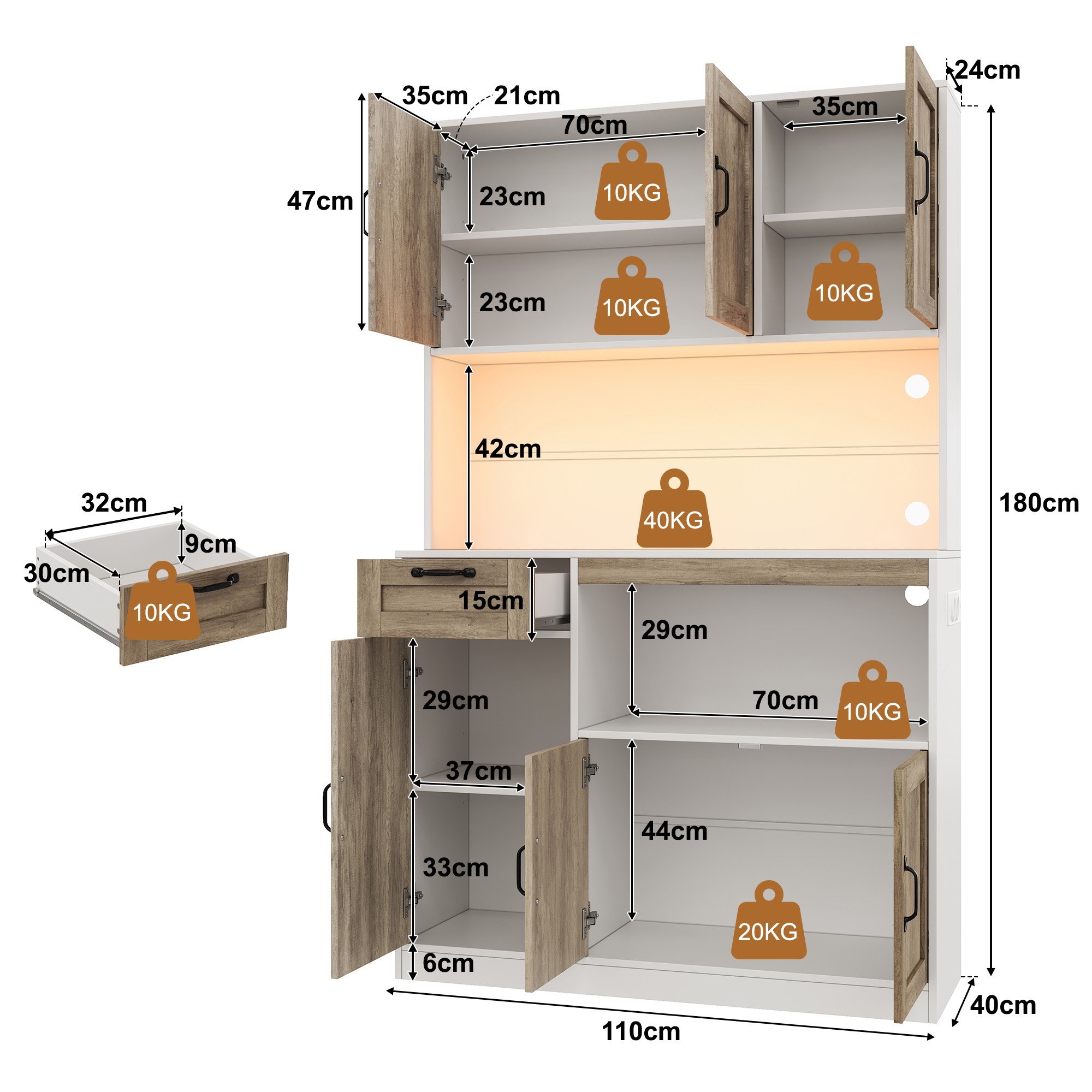 Vitrine, avec tiroirs, éclairage led, prises et recharge intégrées, 110 x 40 x 180 cm, MDF, bois naturel - vue 1