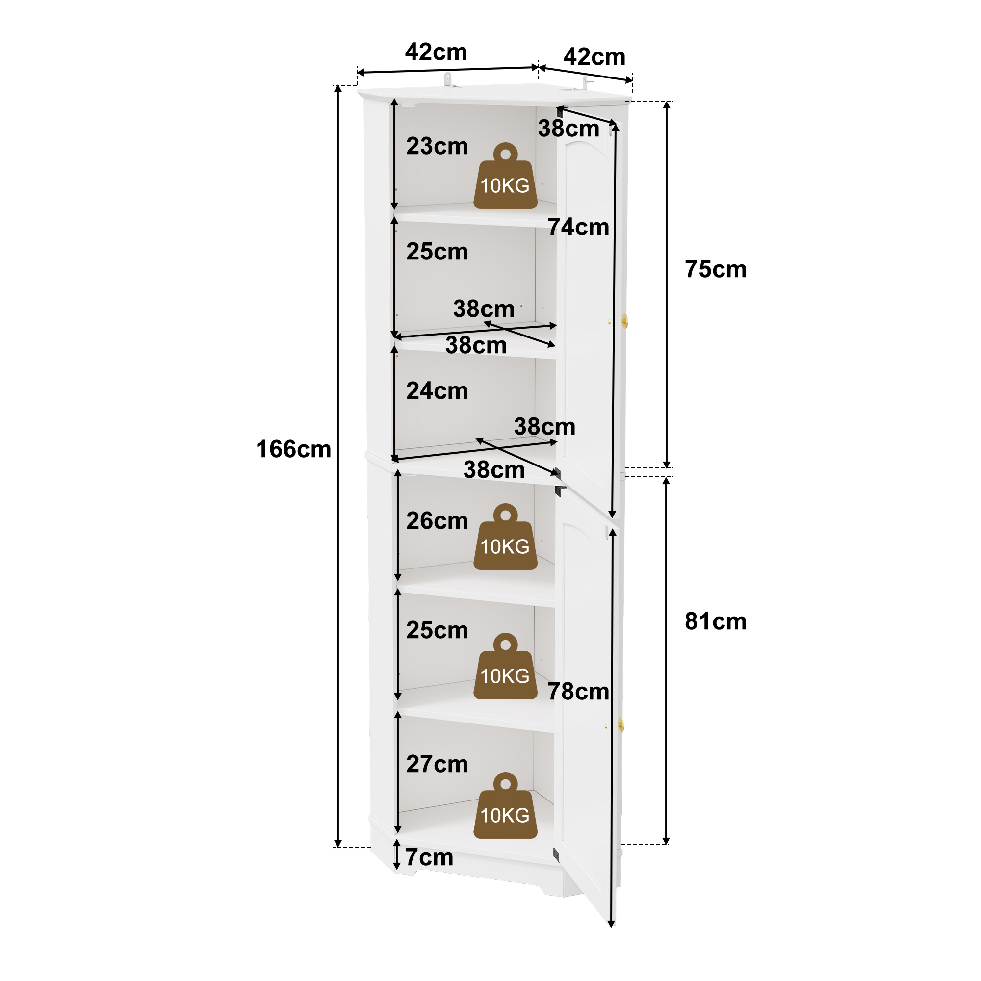 Buffet, étagères réglables, 42 x 42 x 166 cm, MDF, blanc - vue 5
