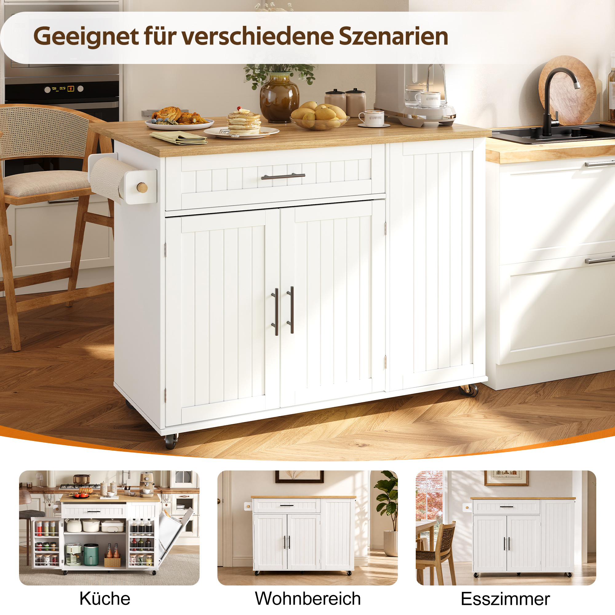 Mobile Kücheninsel mit klappbarer Arbeitsplatte, R