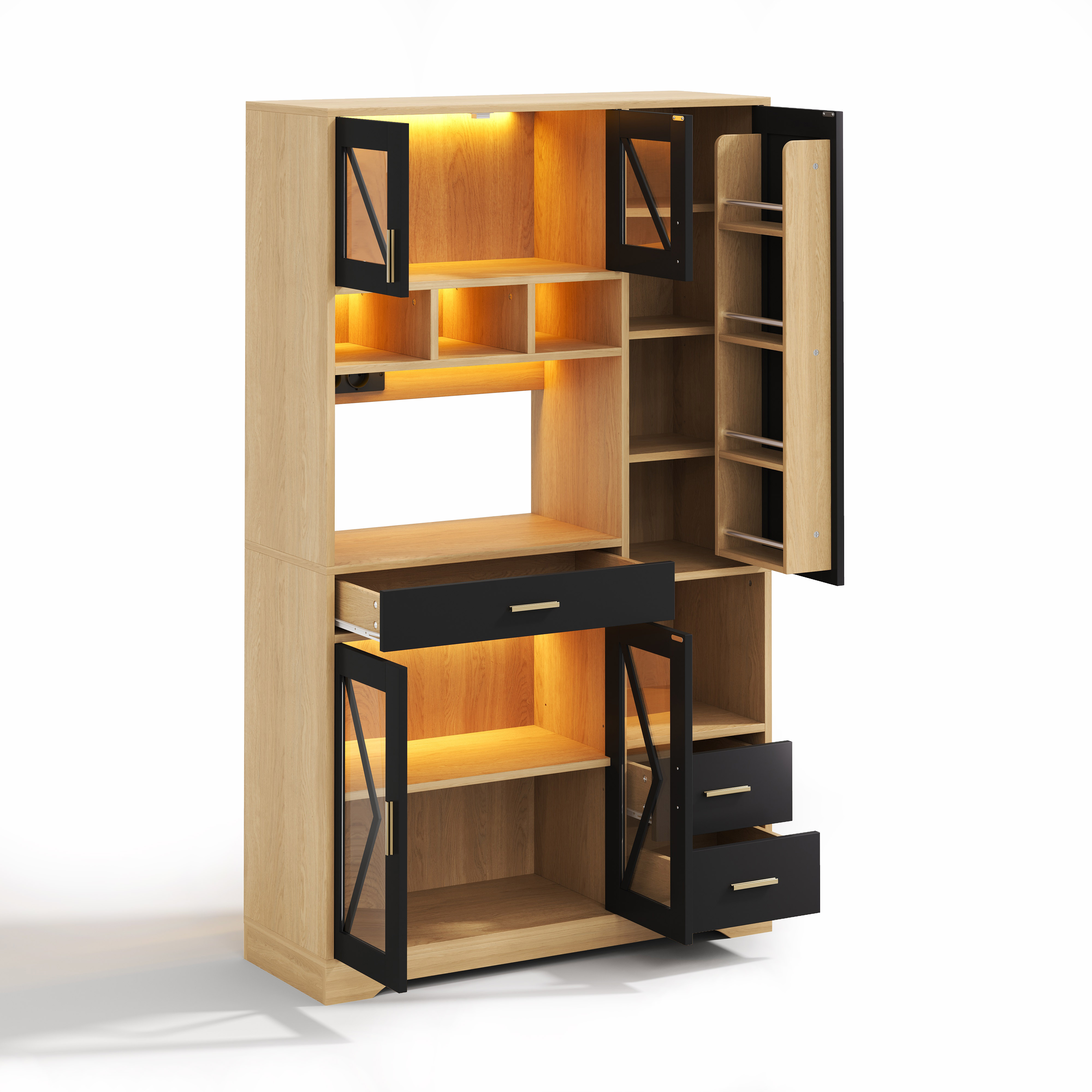 Vitrine, avec tiroirs, étagères réglables, éclairage led, 105 x 40 x 185 cm, MDF, bois naturel - vue 3