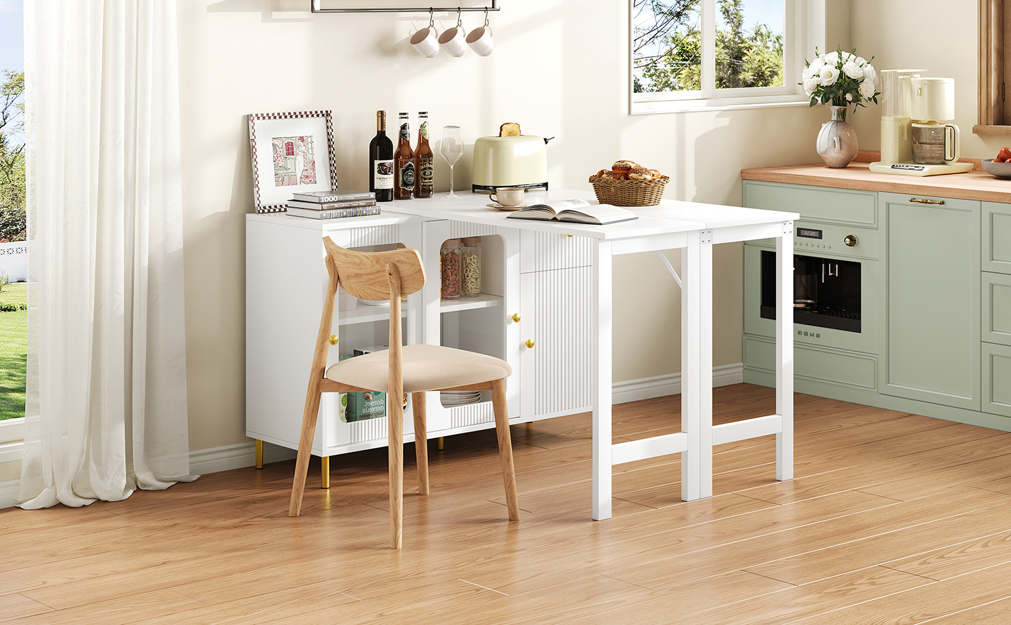 Buffet, rotation à 360°, extensible, pliable, éléments en verre, métal et verre, blanc - vue 5