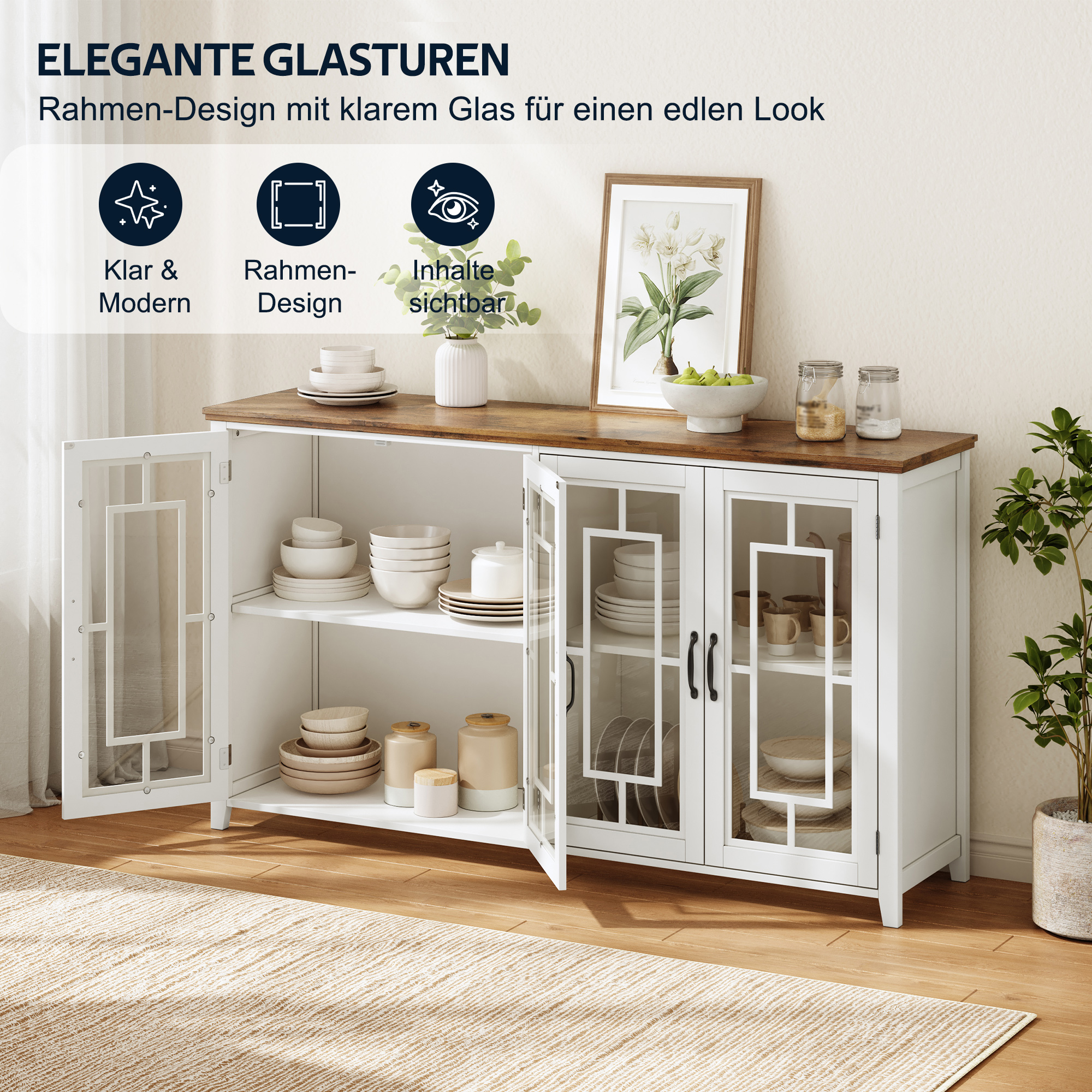 Buffet, éléments en verre, 160 x 40 x 86 cm, bois et verre, blanc - vue 2