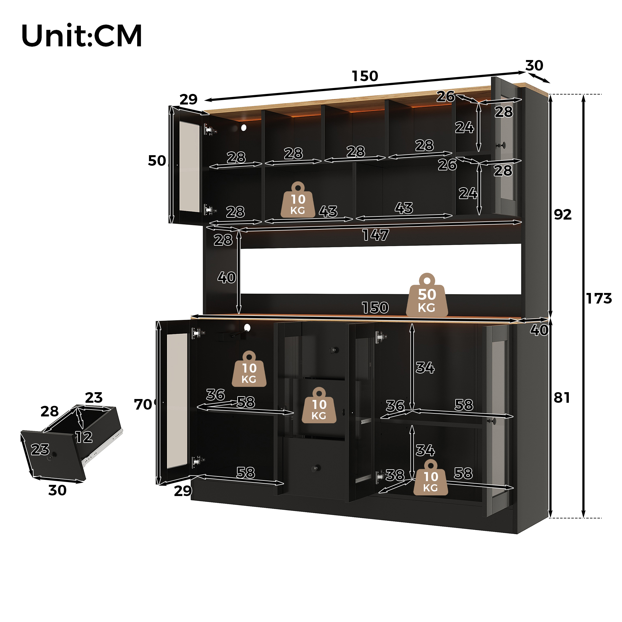 Vitrine, avec tiroirs, éclairage led, prises et recharge intégrées, 150 x 40 x 173 cm, MDF, bois naturel - vue 4