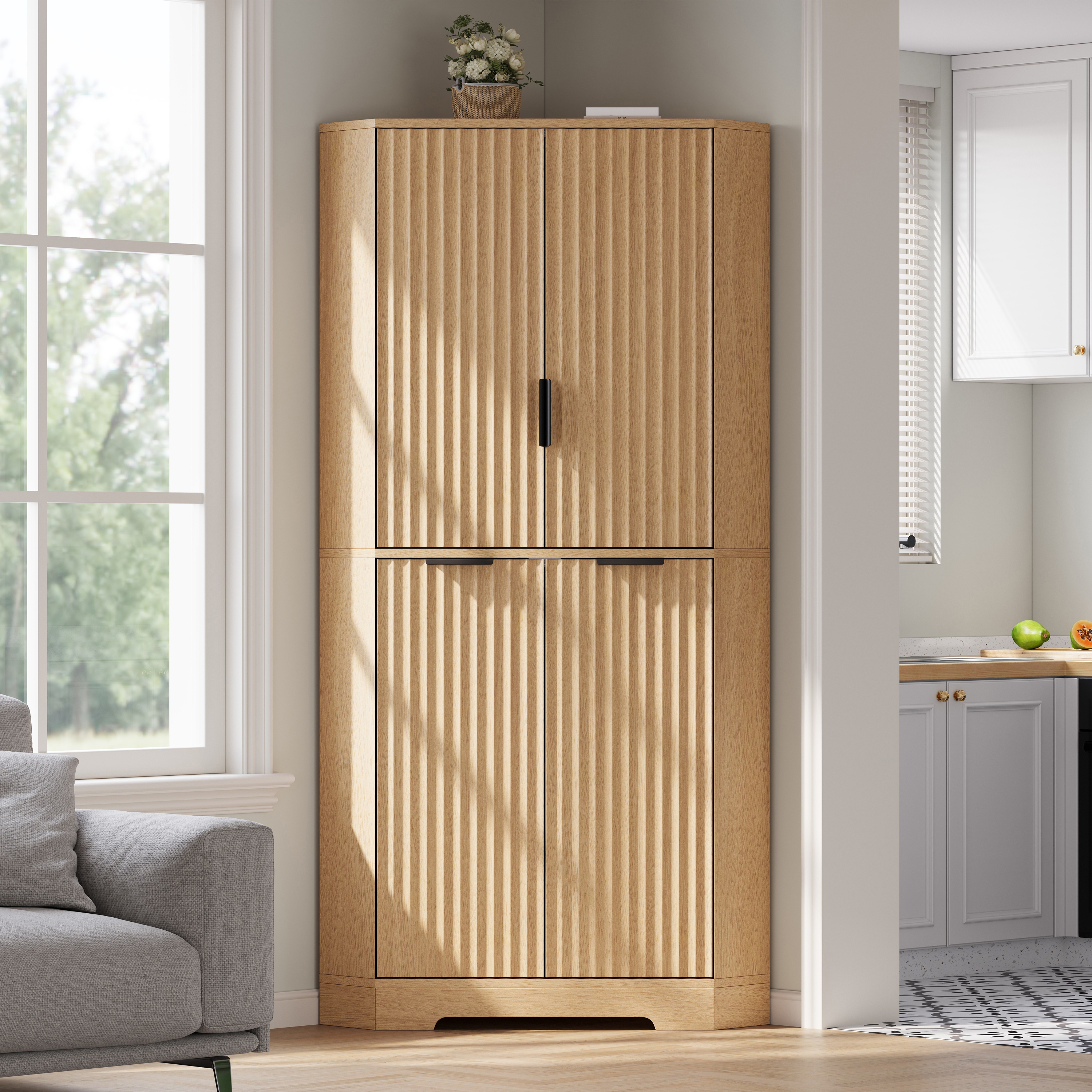 Buffet, étagères réglables, 60 x 60 x 172 cm, MDF, bois naturel - vue 1