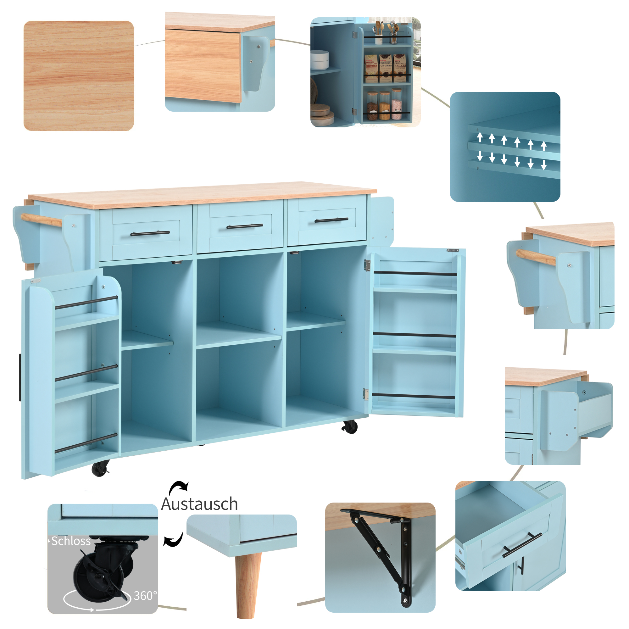 Buffet, pliable, mobile sur roulettes, 139 x 46 x 91,5 cm, bois massif, bleu - vue 2
