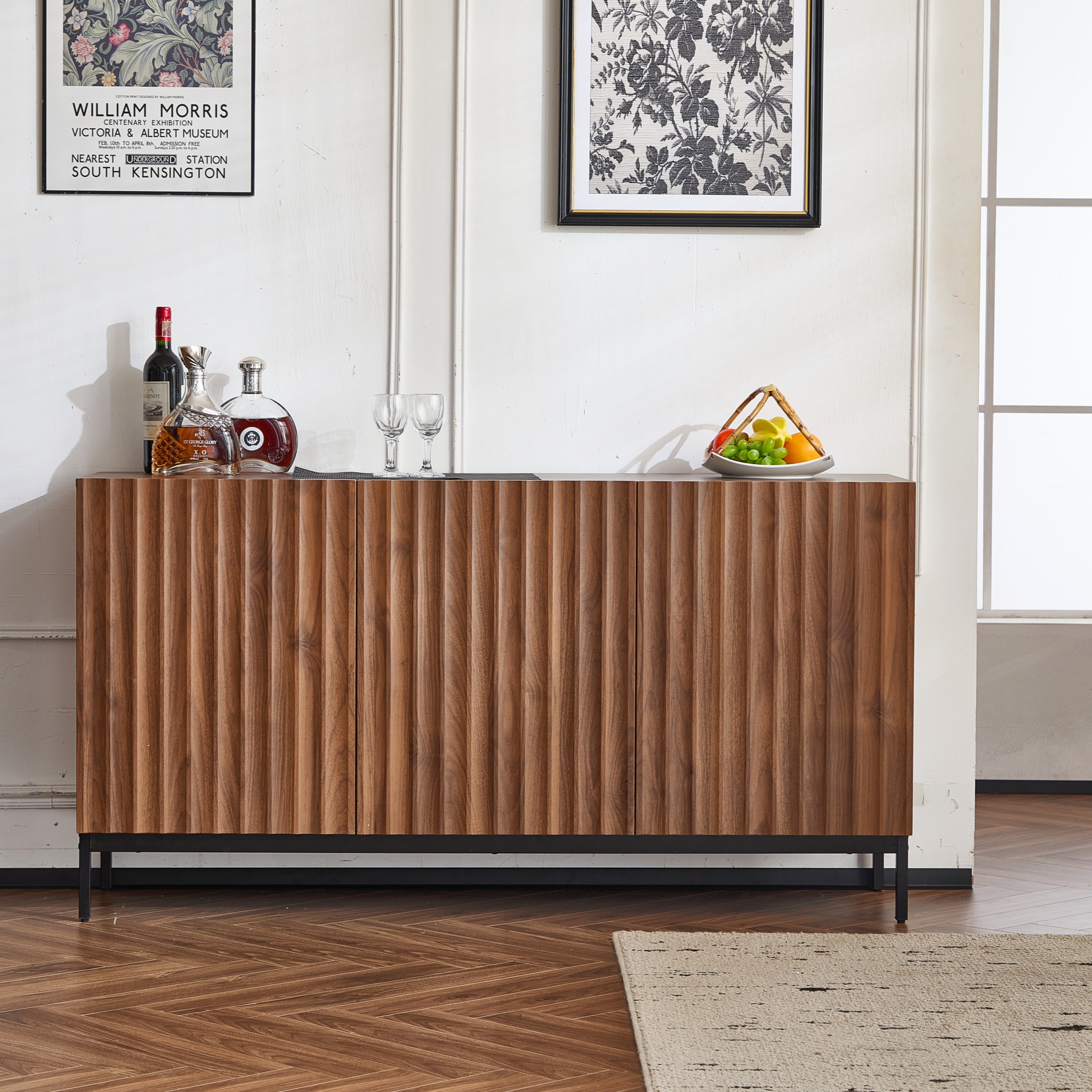 Buffet 150 x 40 x 80 cm, 3 portes, étagères réglables, MDF, Effet bois naturel - dimensions et spécifications
