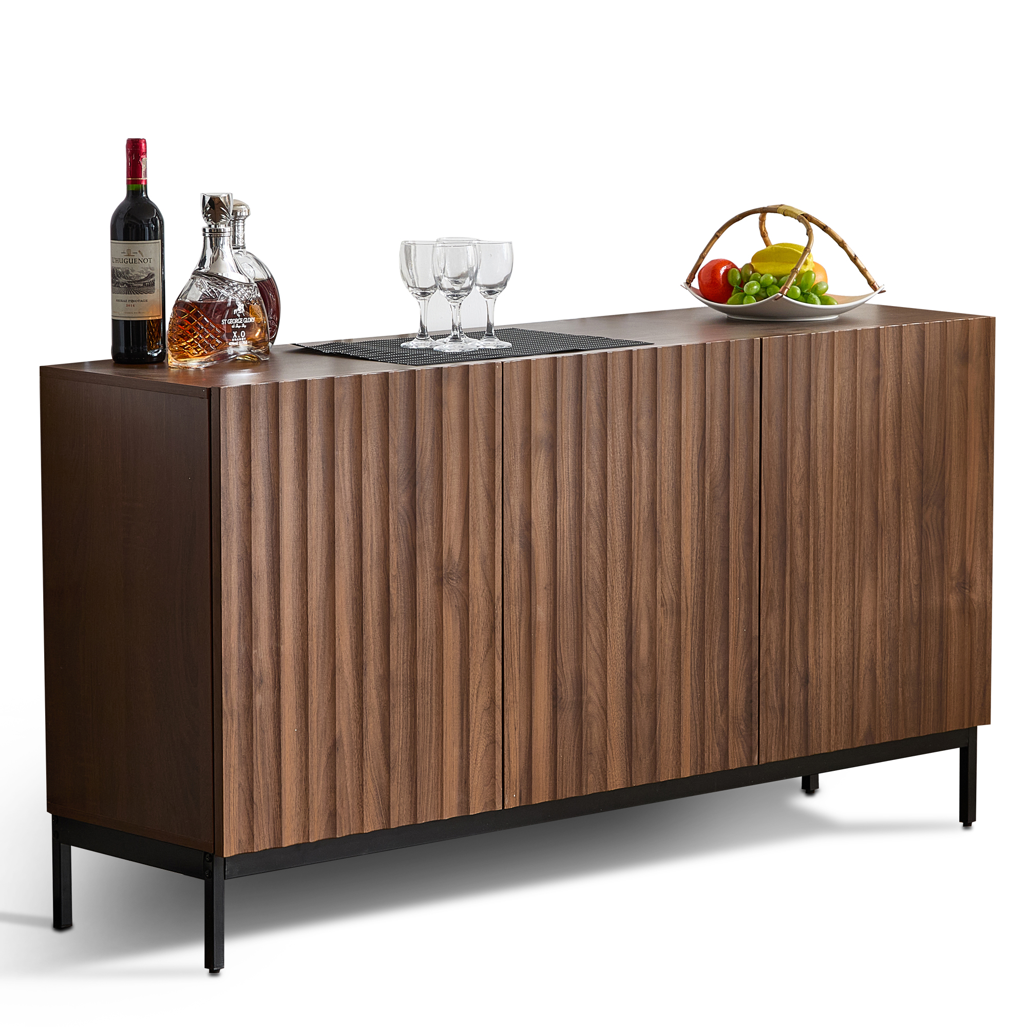 Buffet 150 x 40 x 80 cm, 3 portes, étagères réglables, MDF, Effet bois naturel - détails