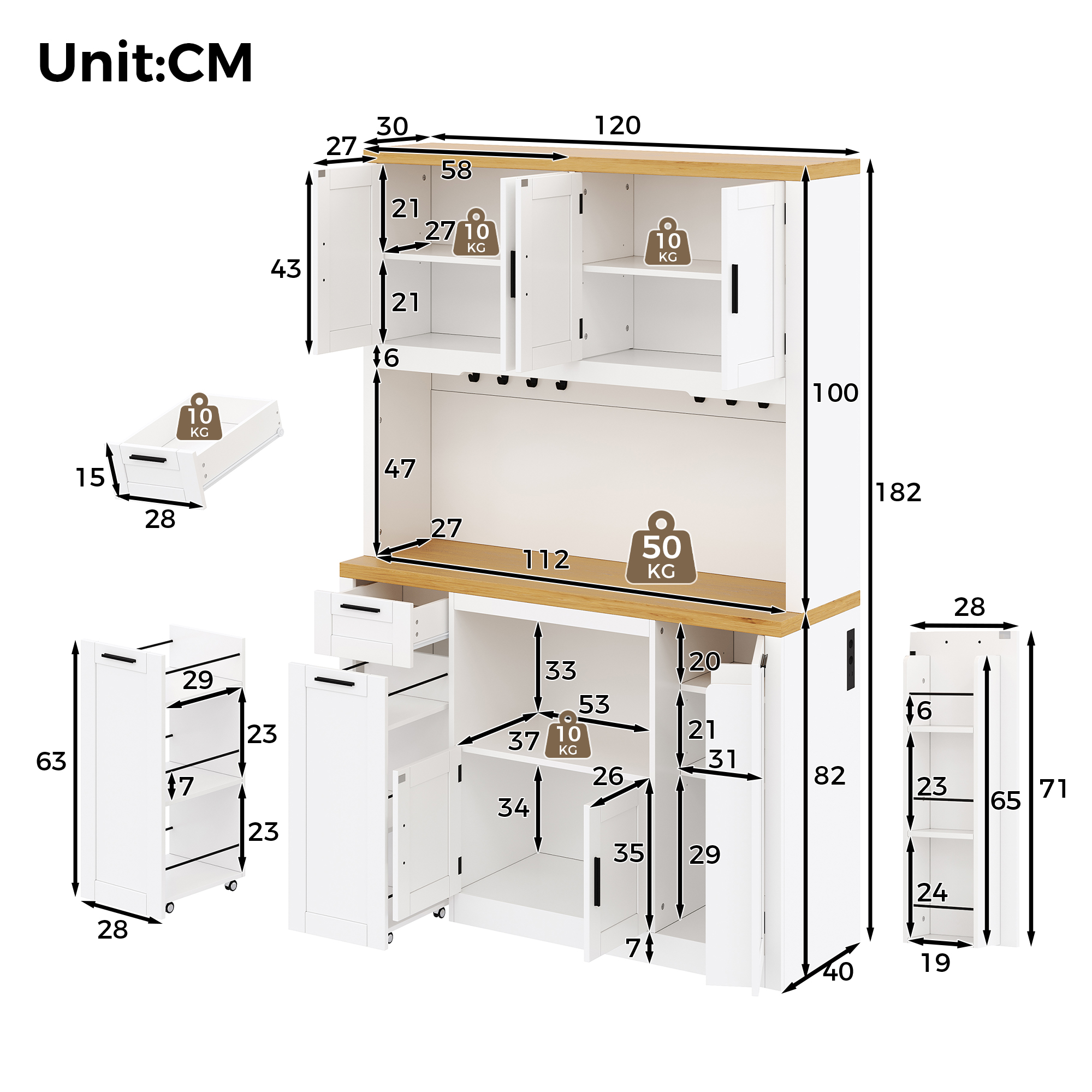 Vitrine, avec tiroirs, étagères réglables, éclairage led, 120 x 40 x 182 cm, MDF, bois naturel - vue 3