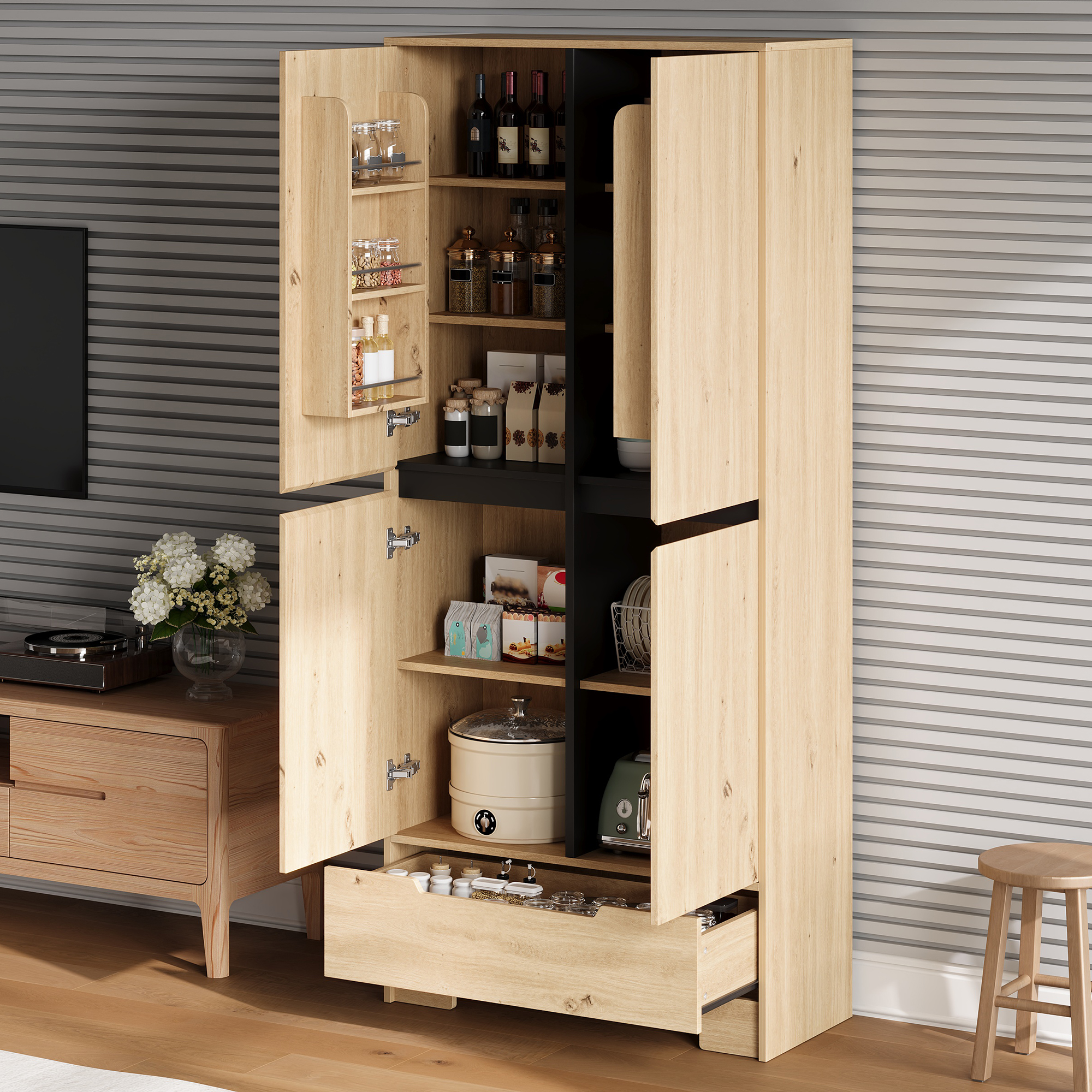 Buffet de cuisine, étagères réglables, 1 tiroir, 80 x 35 x 180 cm, MDF, bois naturel - vue 8