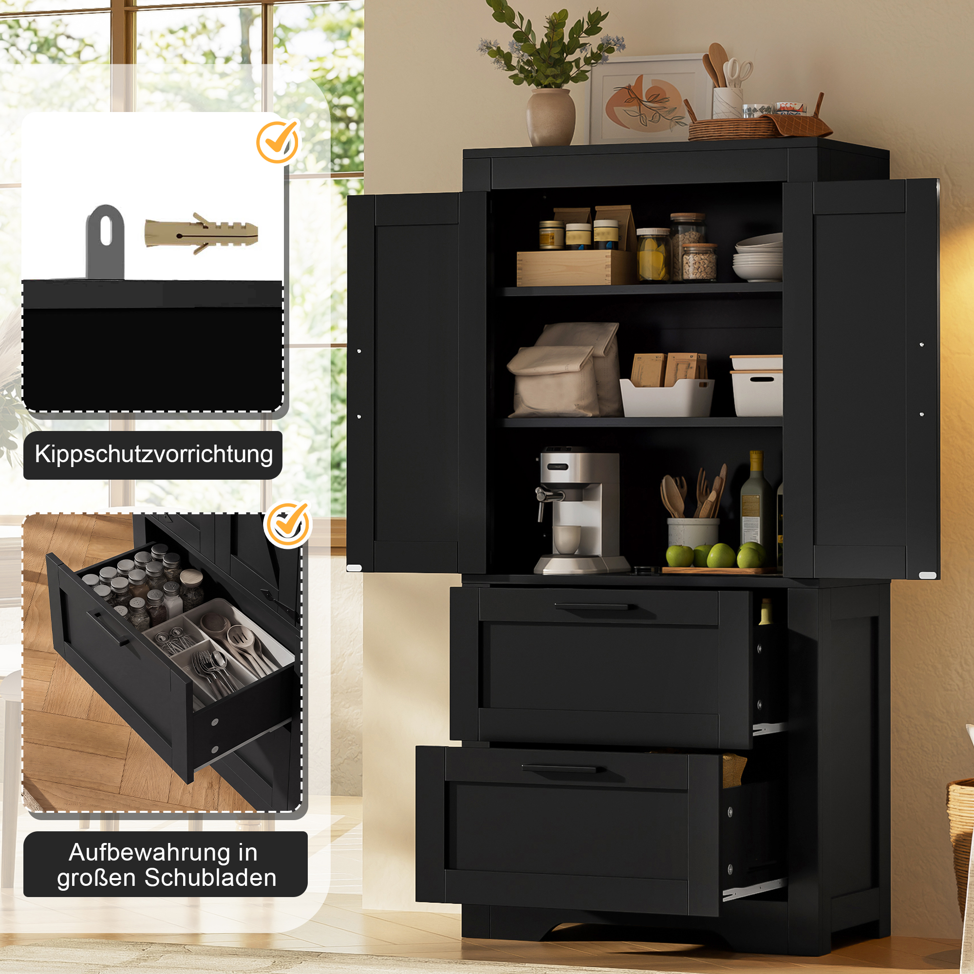 Buffet de rangement, avec tiroirs, étagères réglables, 60 x 30 x 128 cm, MDF, noir - vue 2