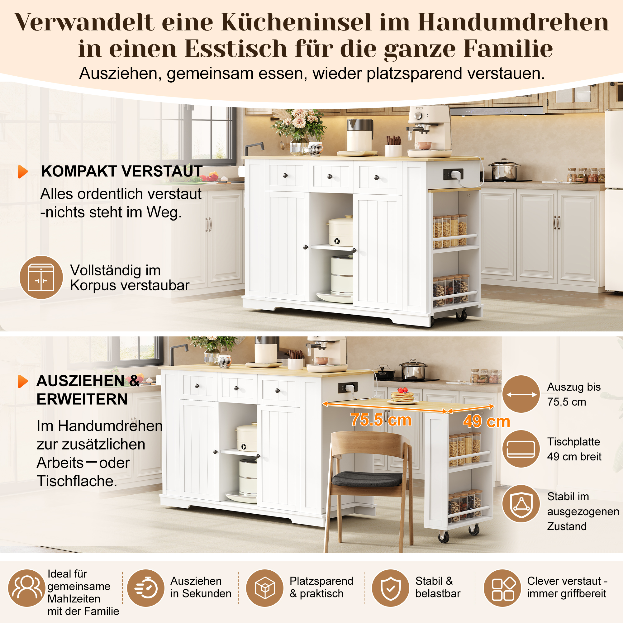 Mobiler Kücheninsel, Küchenwagen mit ausziehbarem 