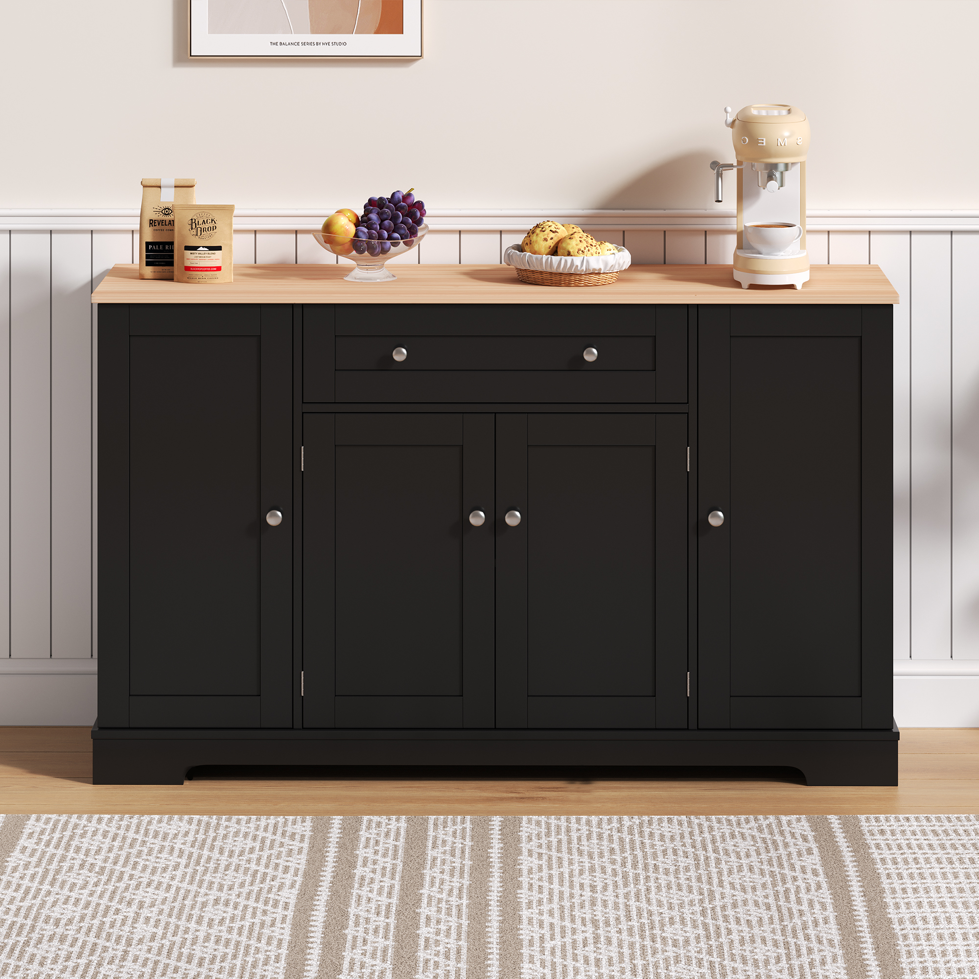 Buffet, avec tiroirs, étagères réglables, MDF, noir - vue 3