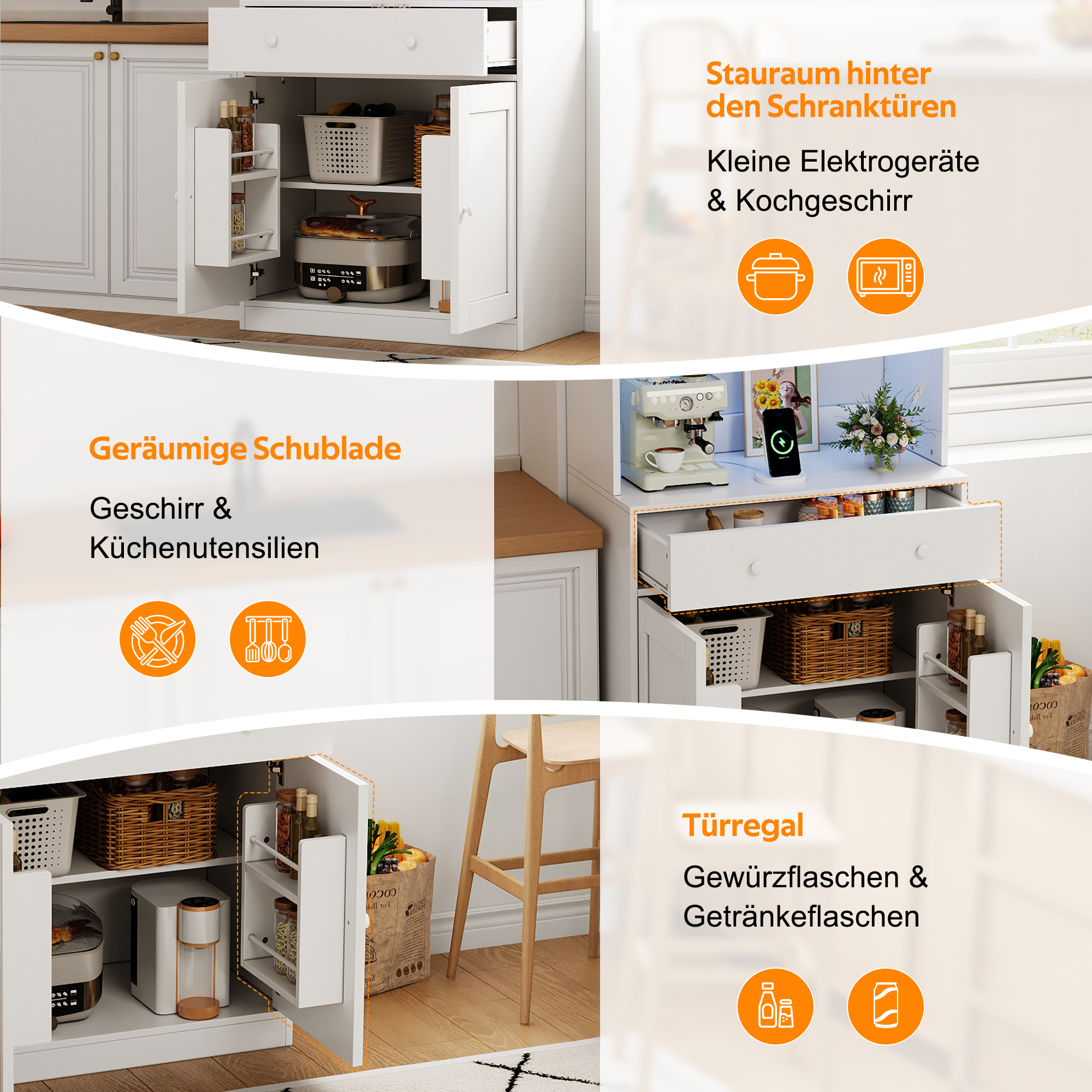 Buffet de rangement, avec tiroirs, éclairage led, prises et recharge intégrées, 72 x 40 x 180 cm, MDF, blanc - vue 5