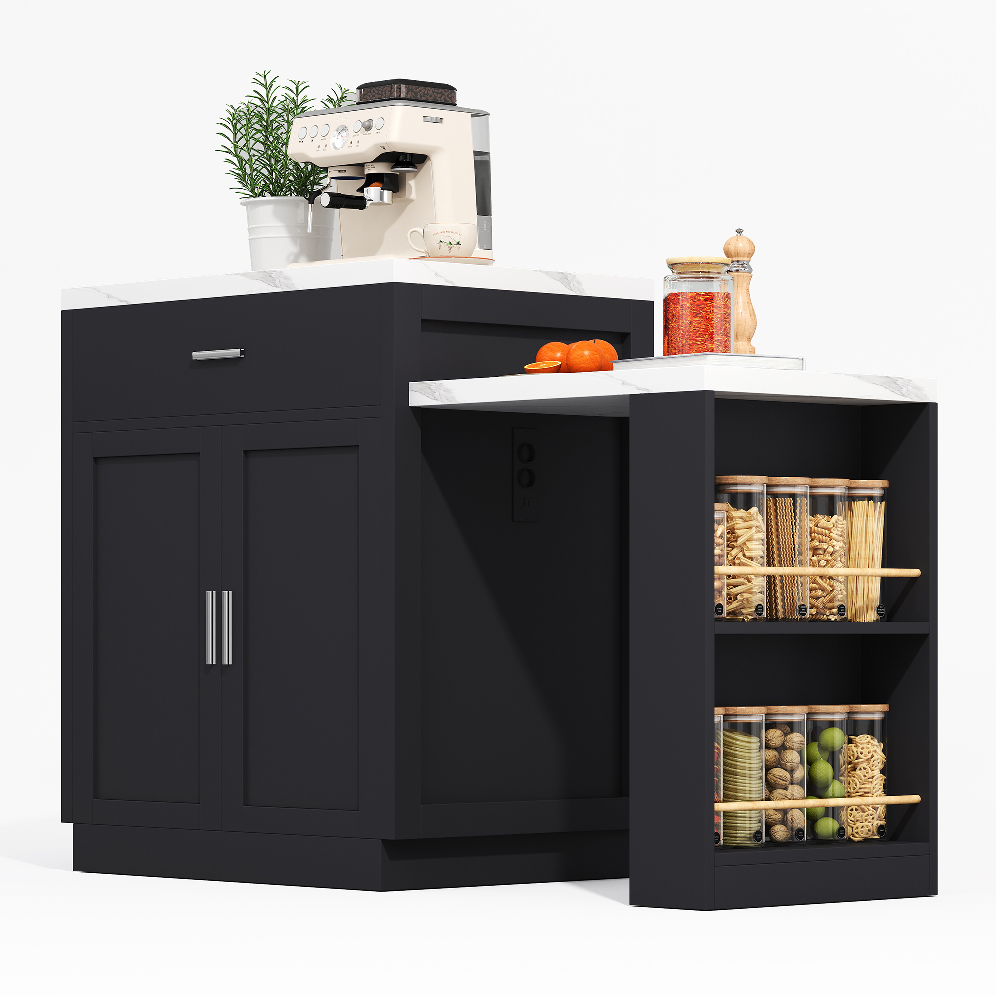 Îlot de cuisine, extensible, avec tiroirs, prises et recharge intégrées, 211 x 55 x 89,5 cm, MDF, noir - vue 4