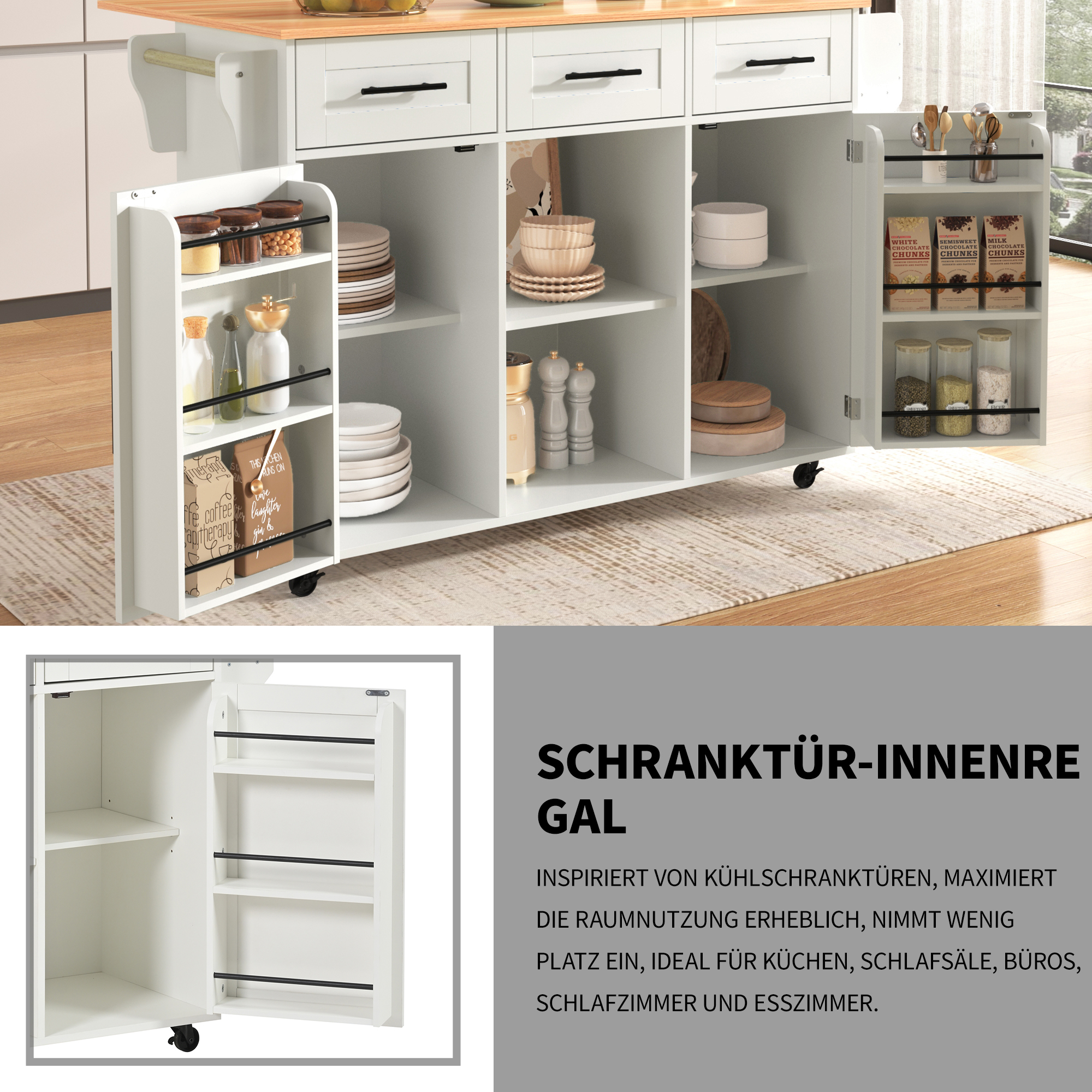 Buffet, pliable, mobile sur roulettes, 139 x 46 x 91,5 cm, bois massif, blanc - vue 2