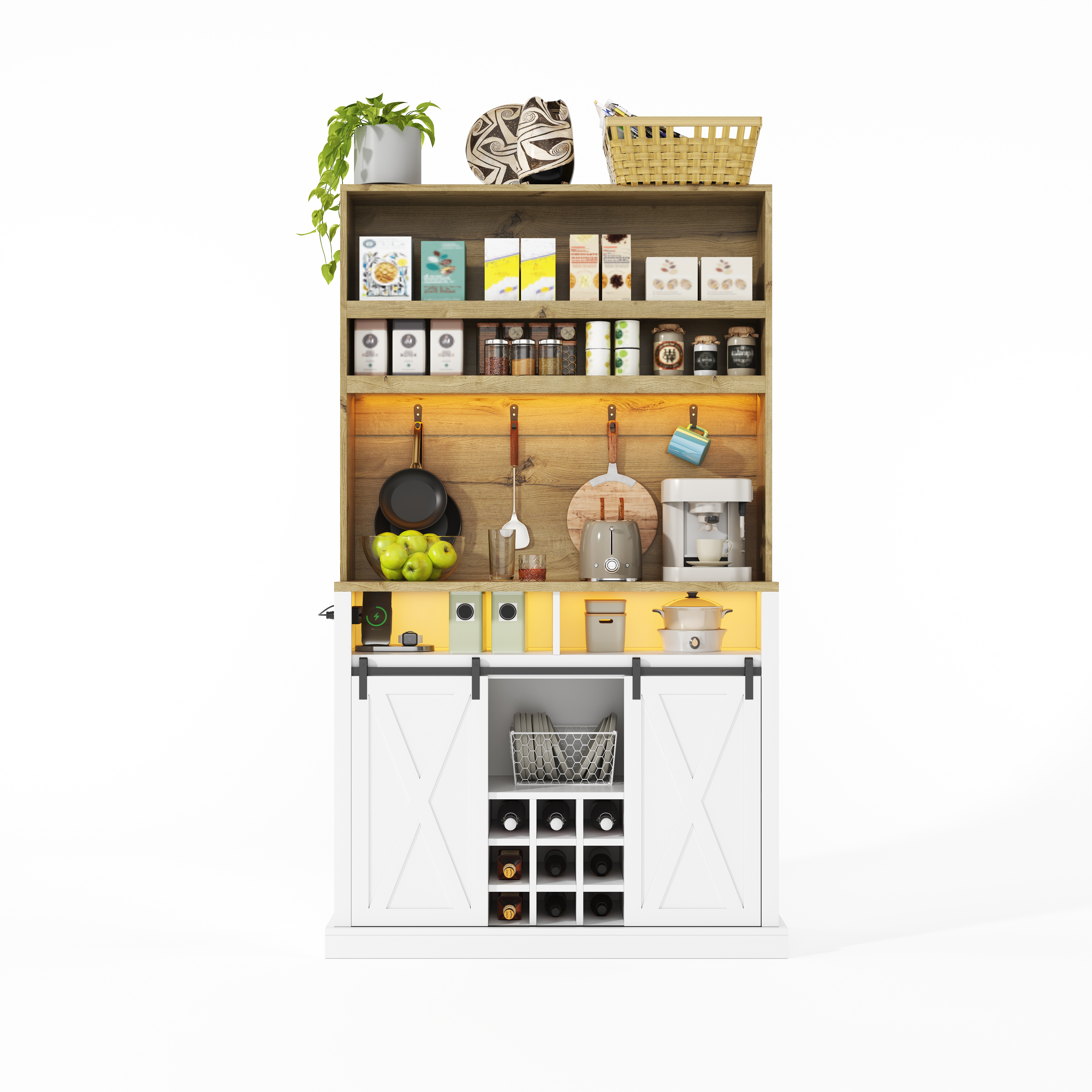 Vitrine, éclairage led, prises et recharge intégrées, 110 x 40 x 191 cm, MDF, bois naturel - vue 4