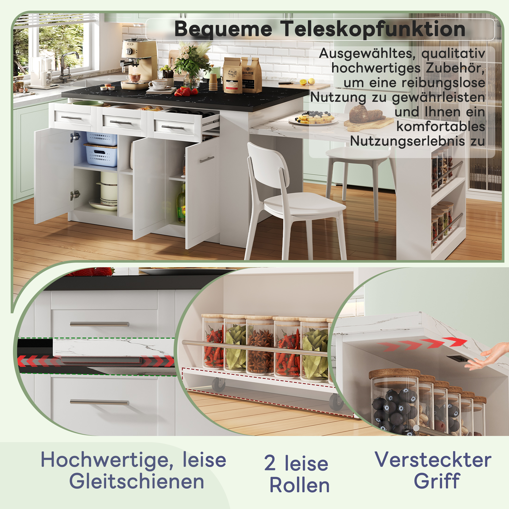 Multifunktionale Kücheninsel mit 150cm+96cm, weiße