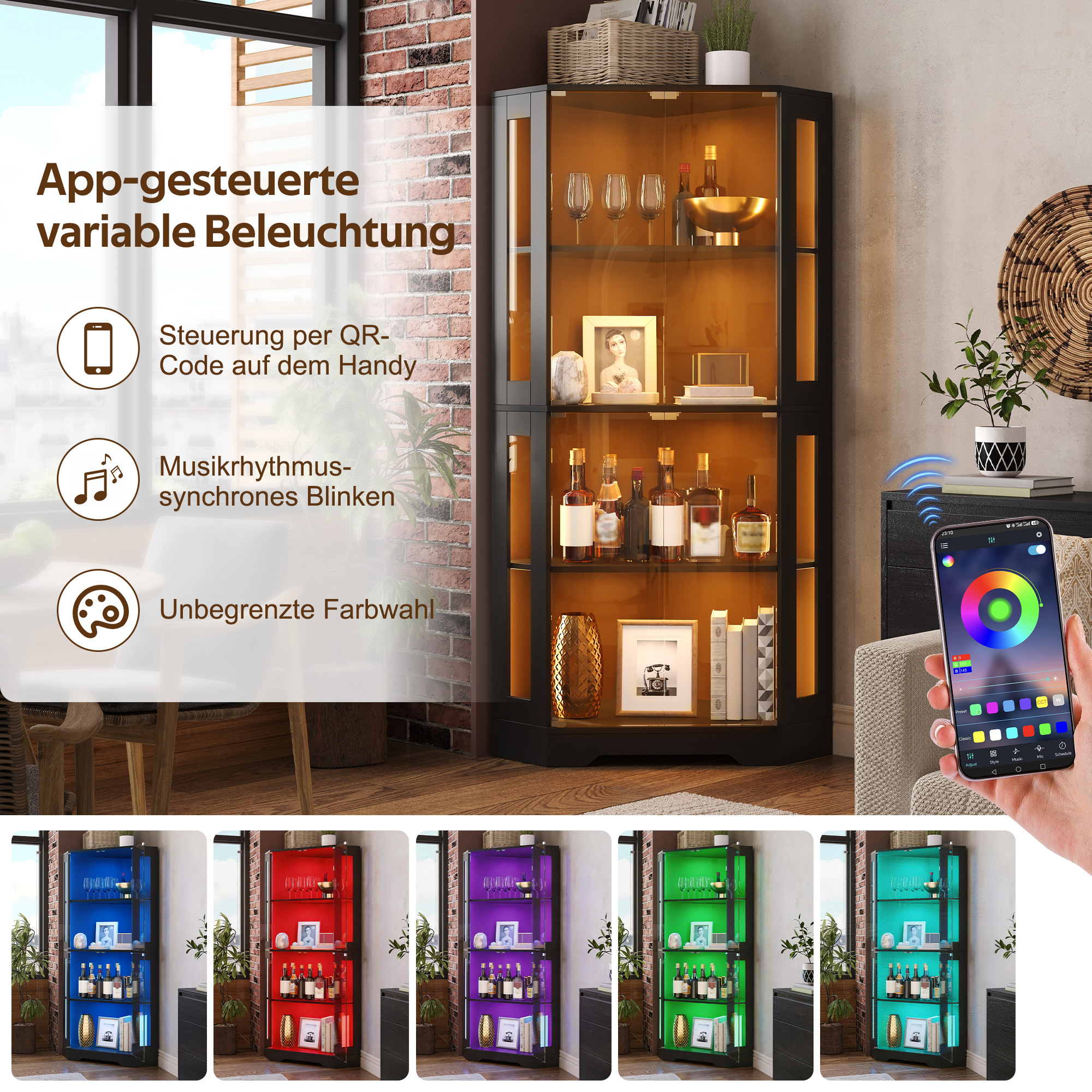165 cm hoher Glasvitrinenschrank mit LED, 4-stufig
