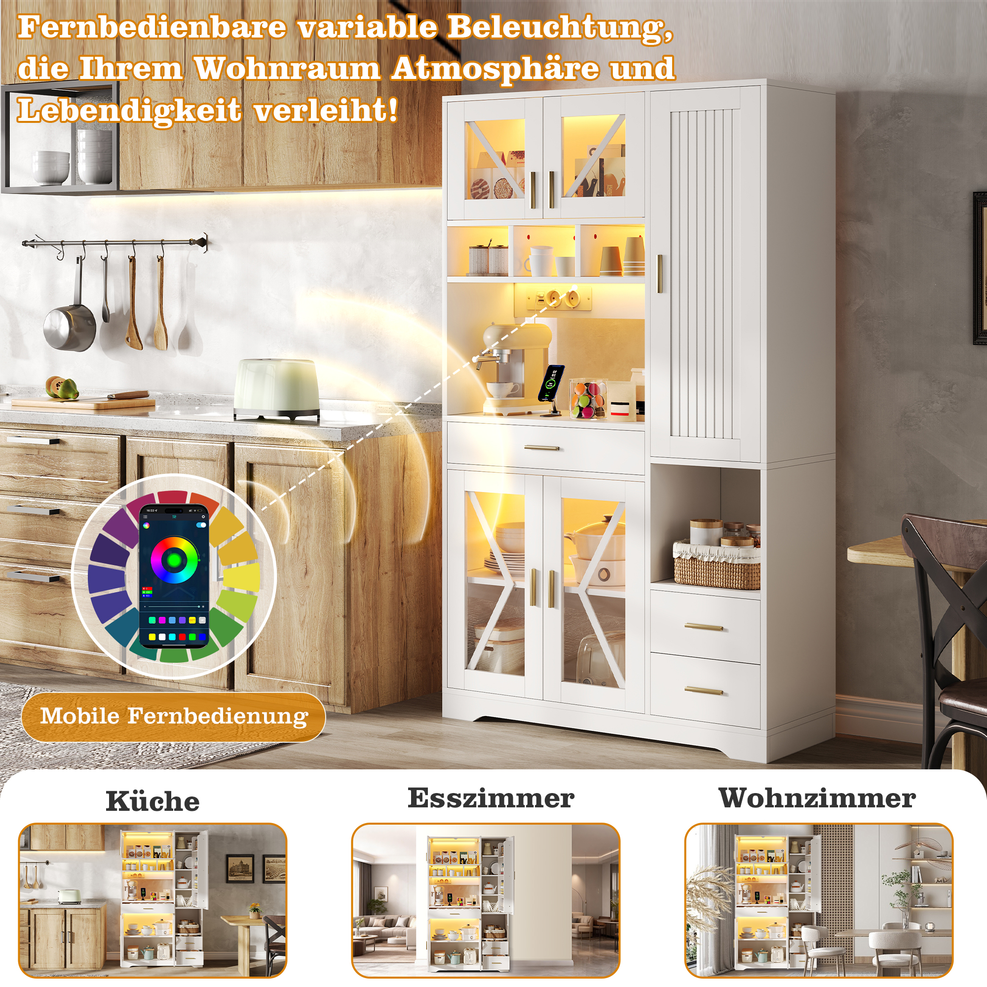 Vitrine, avec tiroirs, étagères réglables, éclairage led, 105 x 40 x 185 cm, MDF, blanc - vue 2