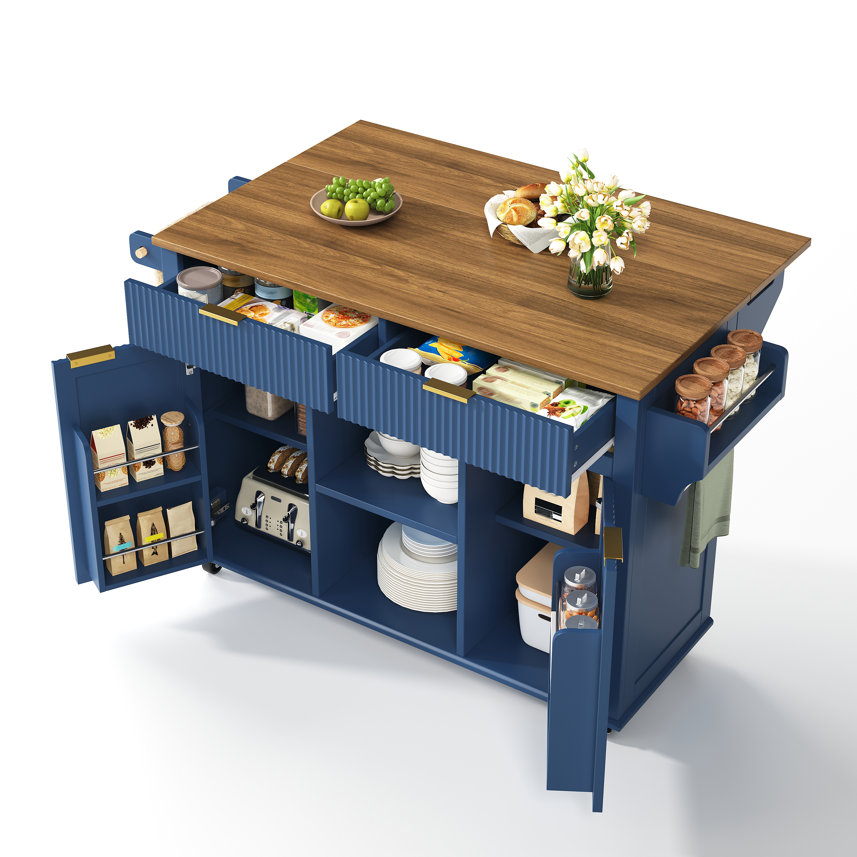 Îlot de cuisine, pliable, mobile sur roulettes, rangement intégré, 143 x 45 x 89,5 cm, MDF, marron - vue 5