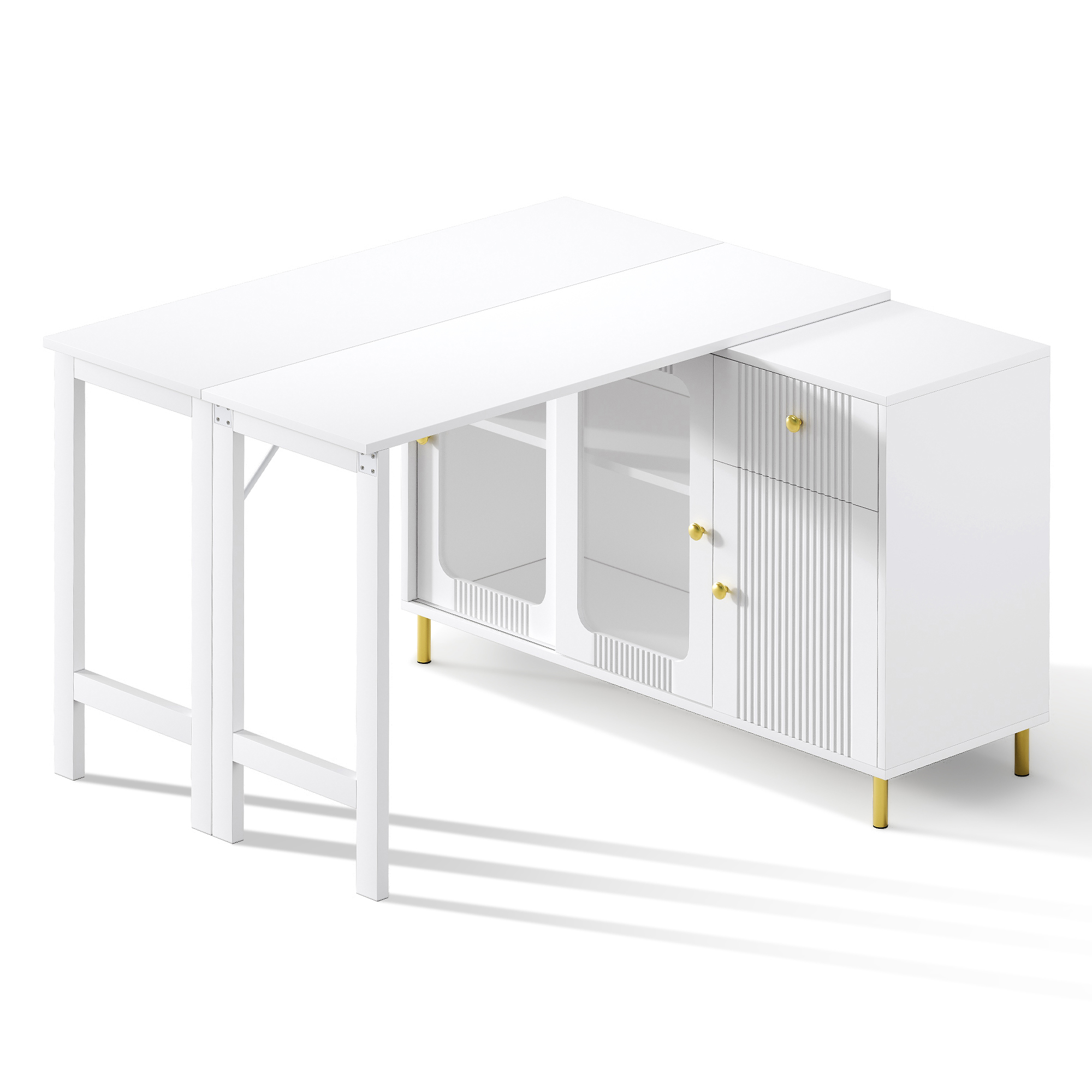 Buffet avec plateau extensible 122×40 à 122×80 cm, armoire blanche pieds métal doré, portes verre trempé, pour salon et salle à manger, design minimaliste, beaucoup de rangement, style élégant, fonctionnalité - image 23