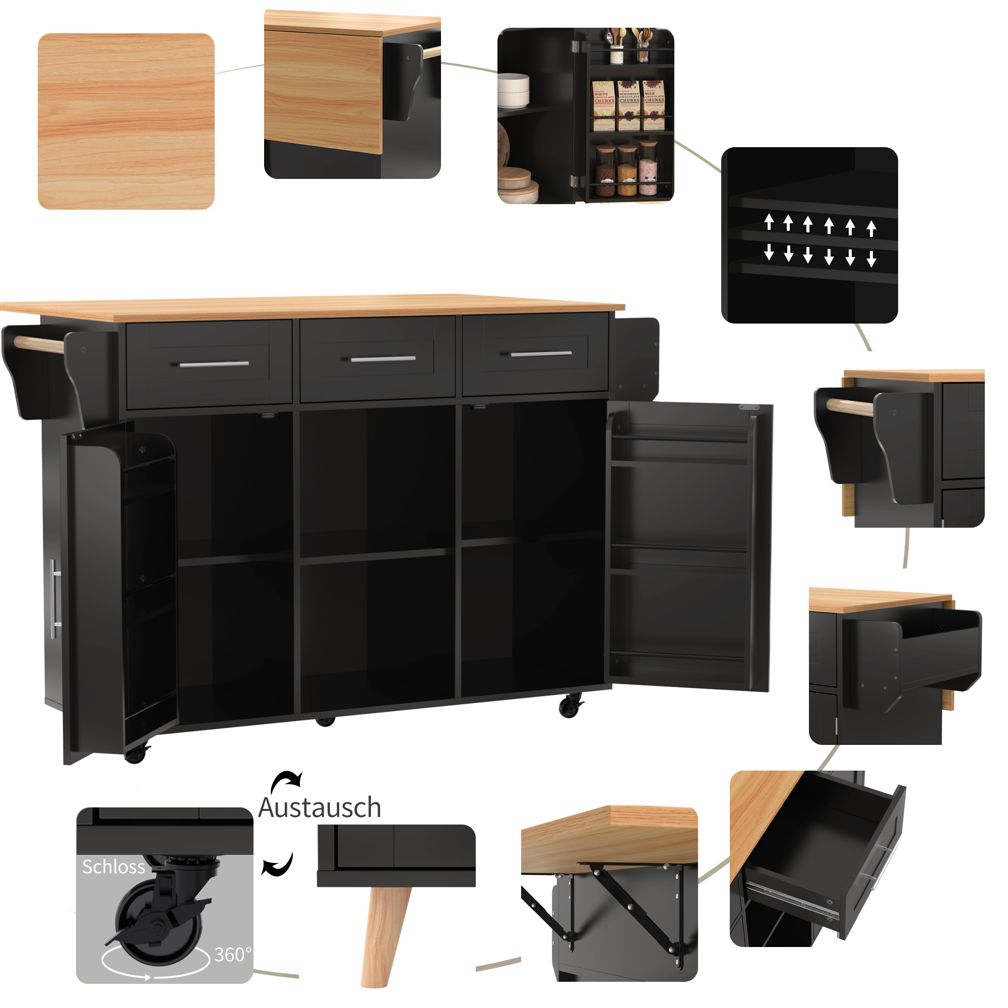 Buffet, pliable, mobile sur roulettes, 139 x 46 x 91,5 cm, bois massif, noir - vue 3