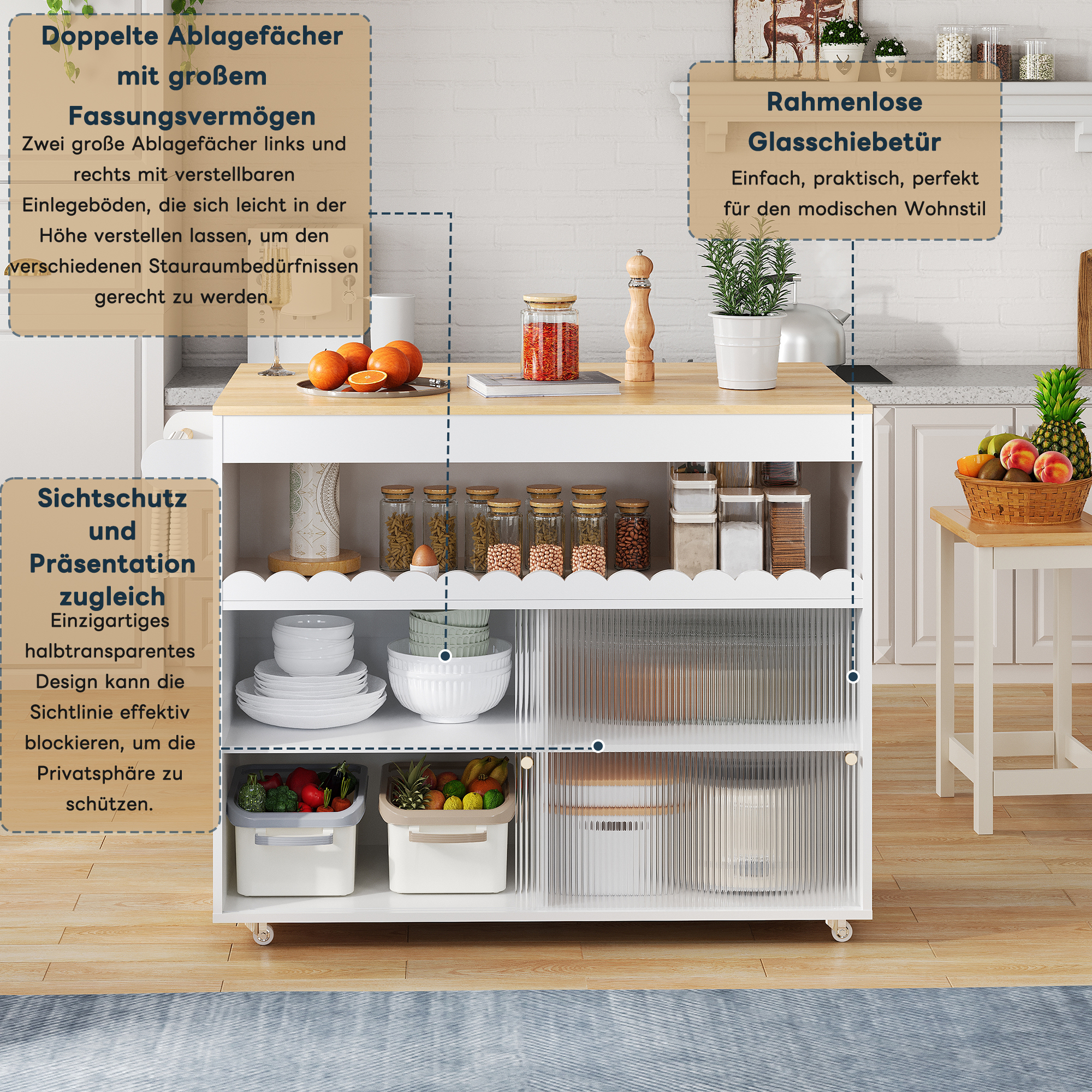 Îlot de cuisine, pliable, étagères réglables, éléments en verre, 122 x 46 x 91 cm, verre trempé et bois, bois naturel - vue 4