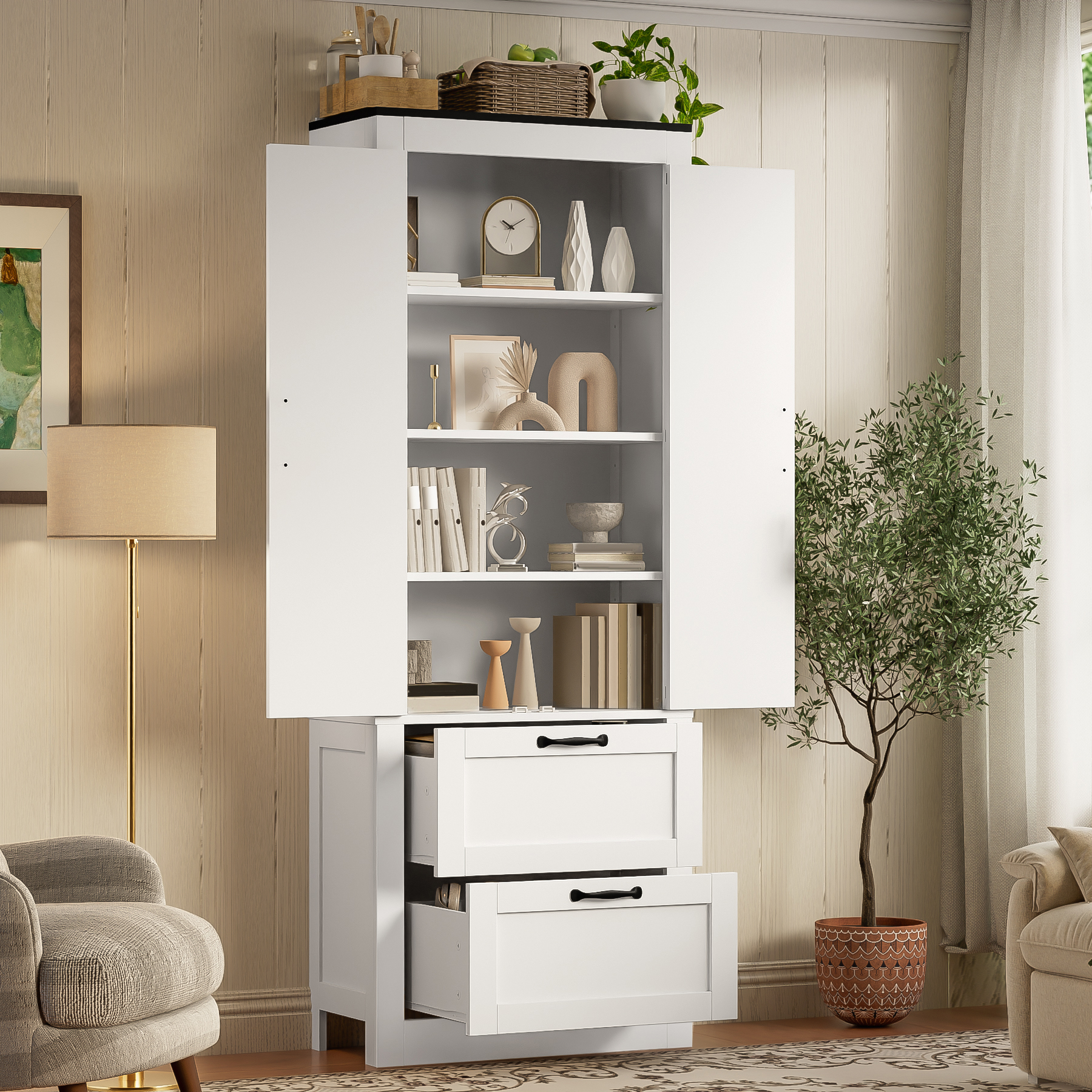 Buffet de rangement, avec tiroirs, étagères réglables, 60 x 30 x 168 cm, MDF, blanc - vue 5