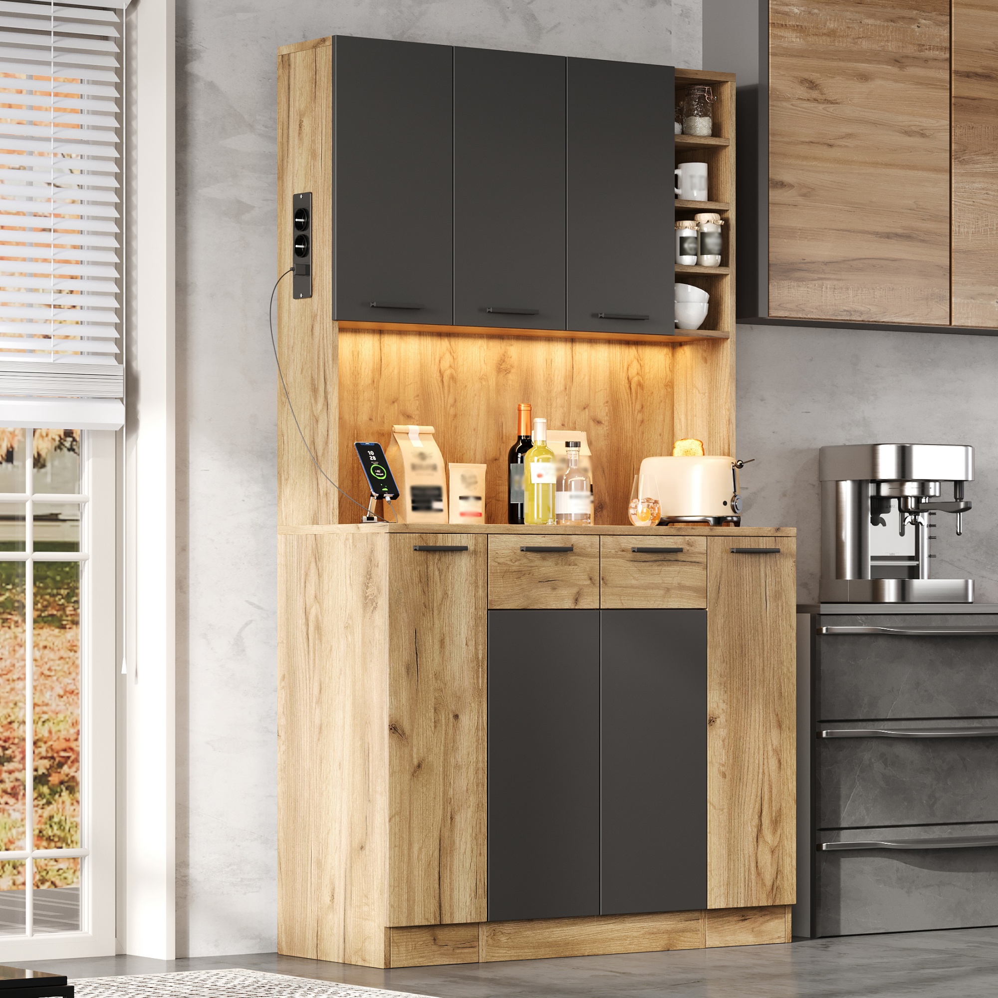 Küchenschrank, Hochschrank mit LED, Küchenregal mi