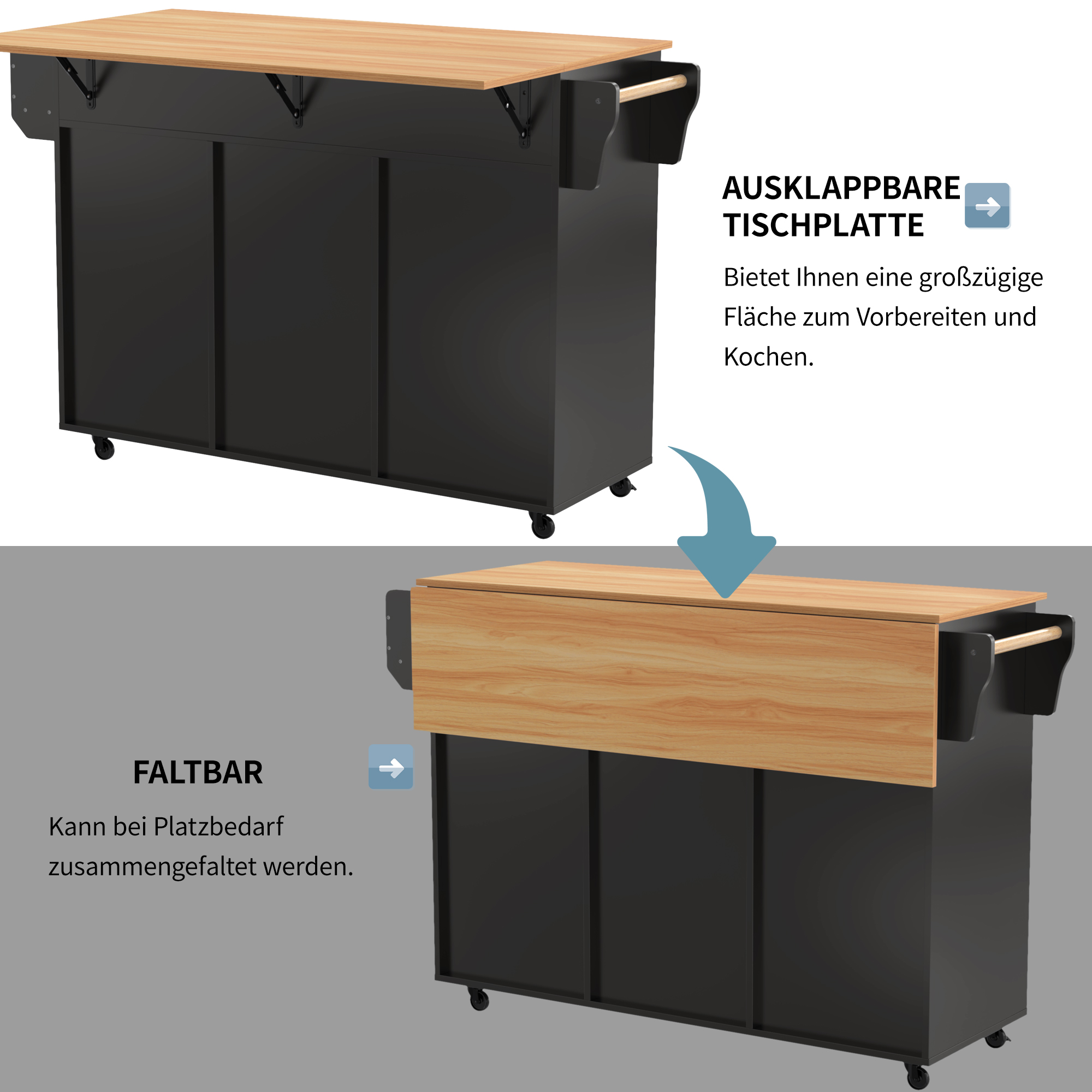 Buffet, pliable, mobile sur roulettes, 139 x 46 x 91,5 cm, bois massif, noir - vue 4