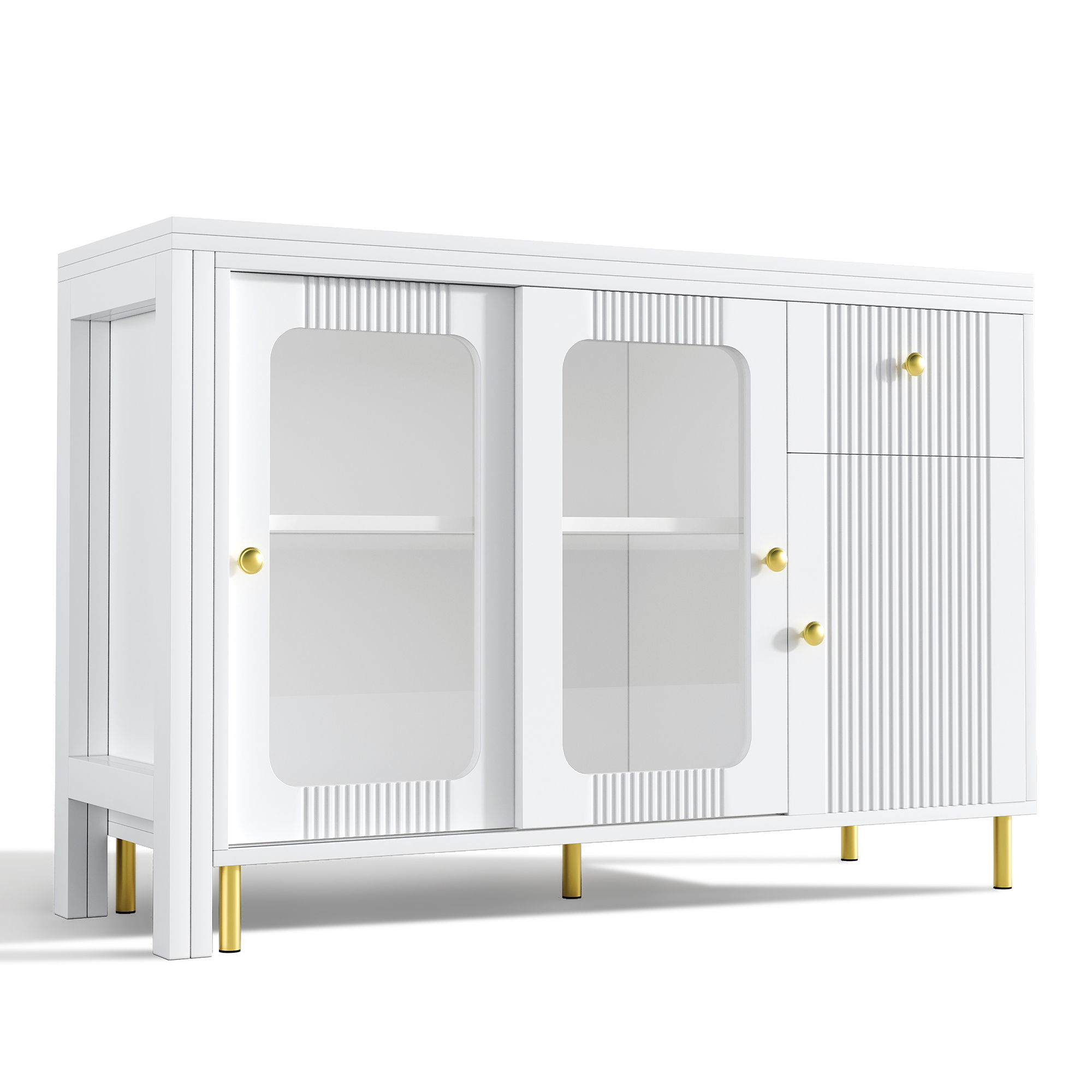 Buffet avec plateau extensible 122×40 à 122×80 cm, armoire blanche pieds métal doré, portes verre trempé, pour salon et salle à manger, design minimaliste, beaucoup de rangement, style élégant, fonctionnalité - image 21