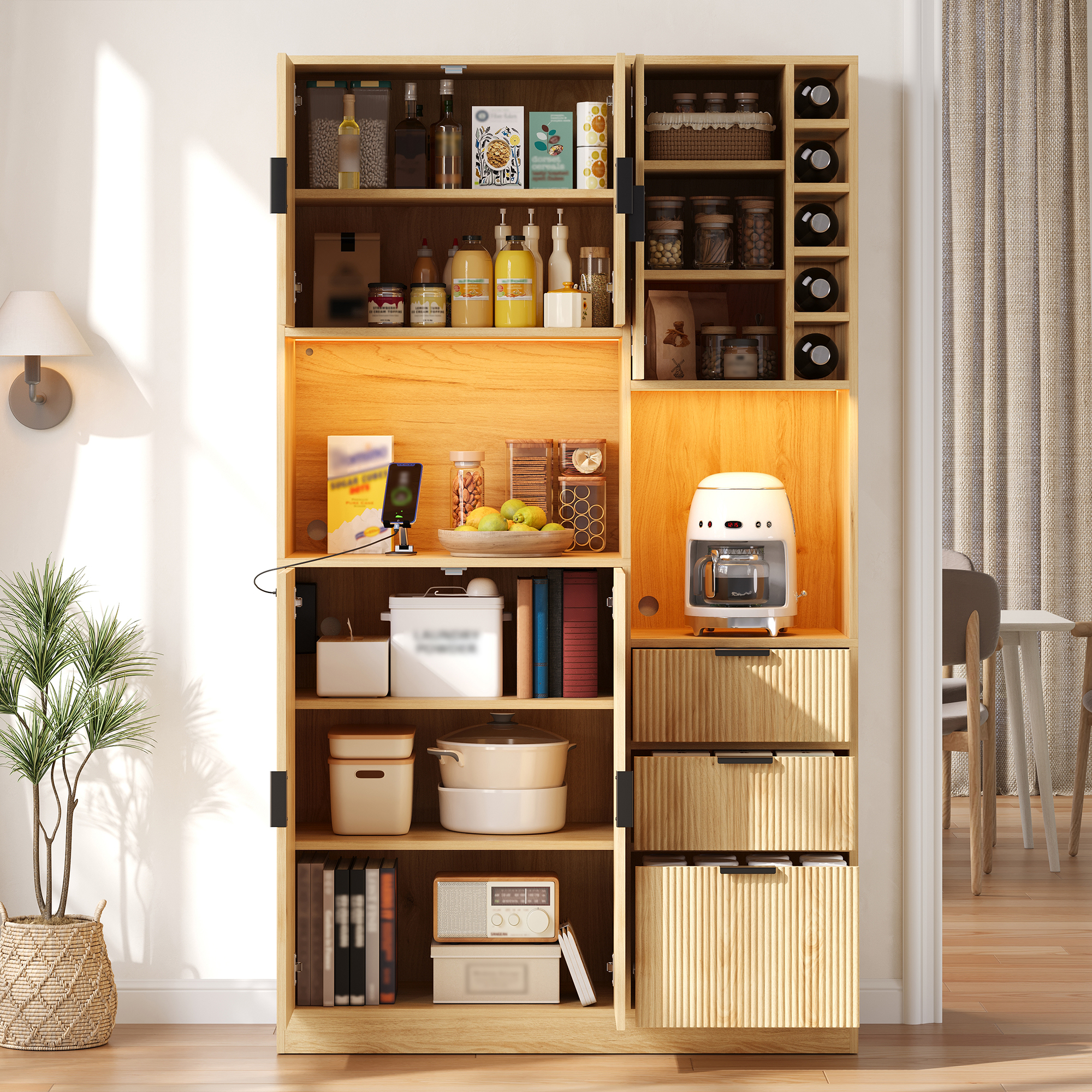 Meuble bar à vin, éclairage LED, étagères réglables, prises intégrées, rangement à vin, 105 x 40 x 180 cm, MDF, bois naturel - vue 6