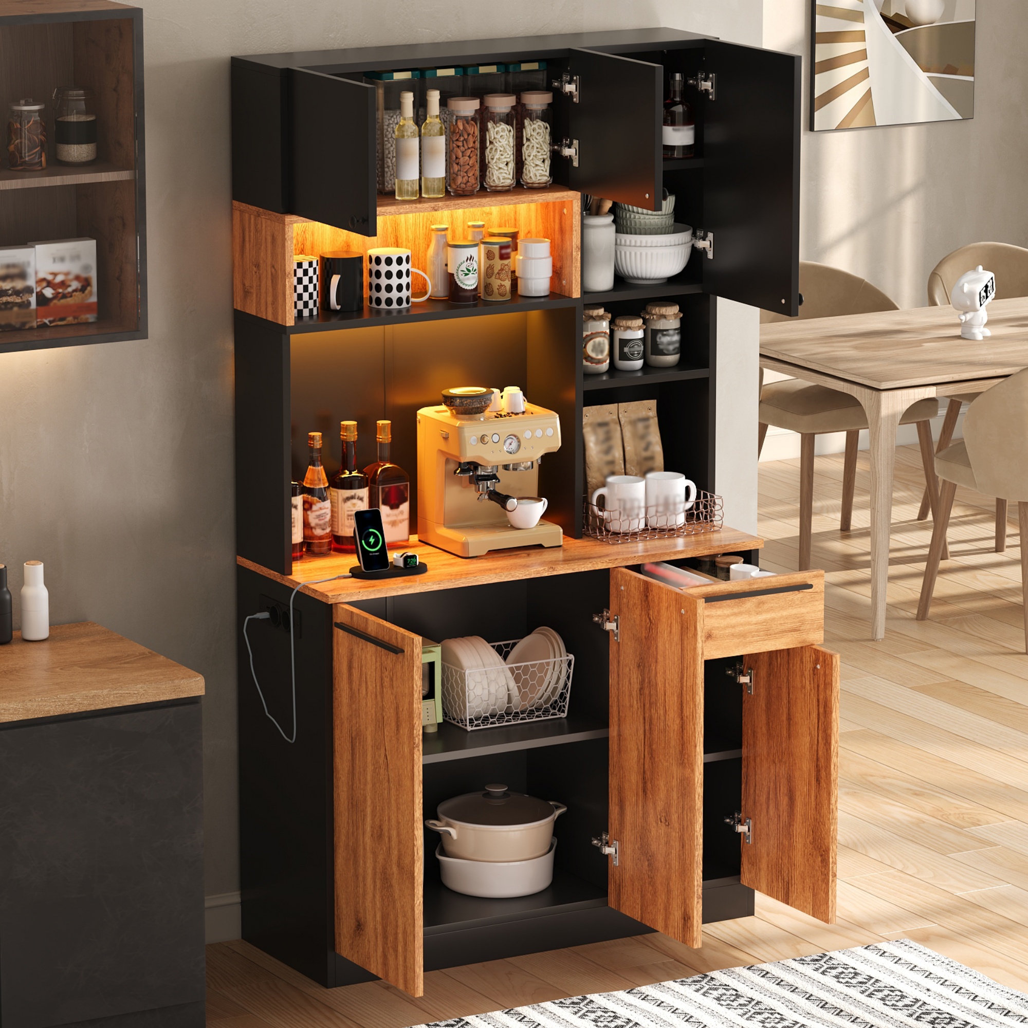 Buffet, avec tiroirs, éclairage led, prises et recharge intégrées, 100 x 40 x 180 cm, MDF, bois naturel - vue 4