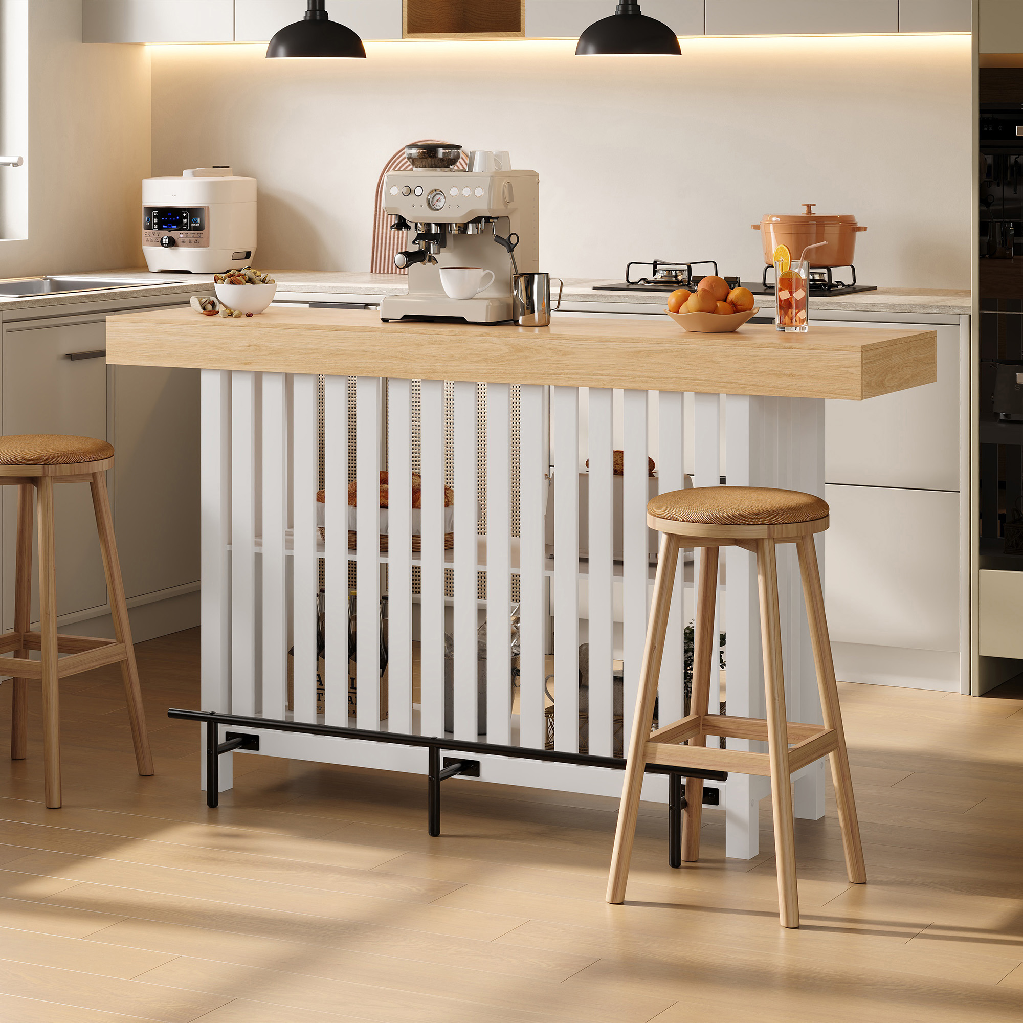 Îlot de cuisine, prises et recharge intégrées, 160 x 40 x 105 cm, MDF, blanc - vue 1