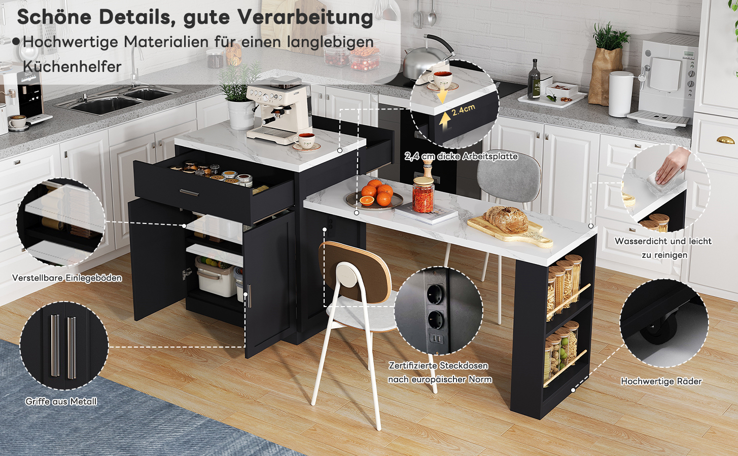 Îlot de cuisine avec table escamotable 131 cm max (2-6 personnes), prise CE 2×220-250V + 2 USB, zone préparation 80×55 cm, pour petit espace, design multifonction, beaucoup de rangement, stabilité, style moderne, fonctionnalité - image 9