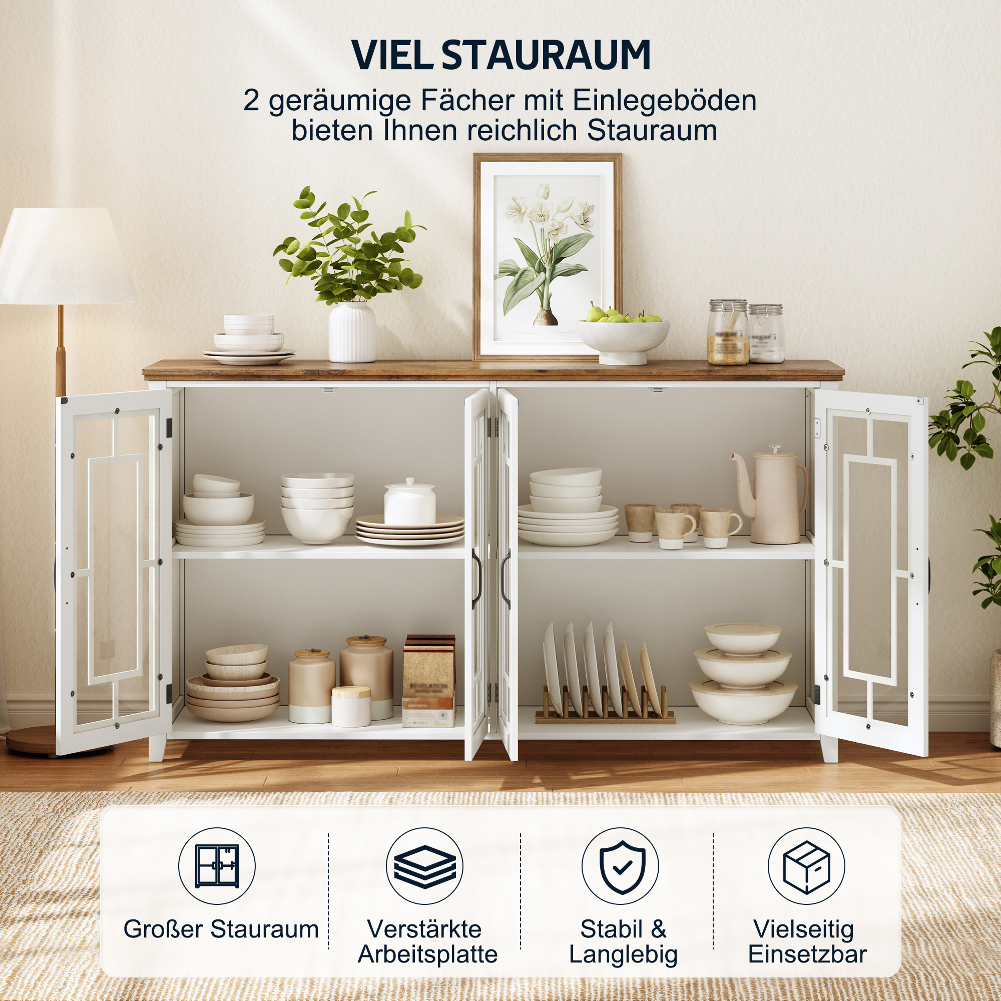 Buffet, éléments en verre, 160 x 40 x 86 cm, bois et verre, blanc - vue 3