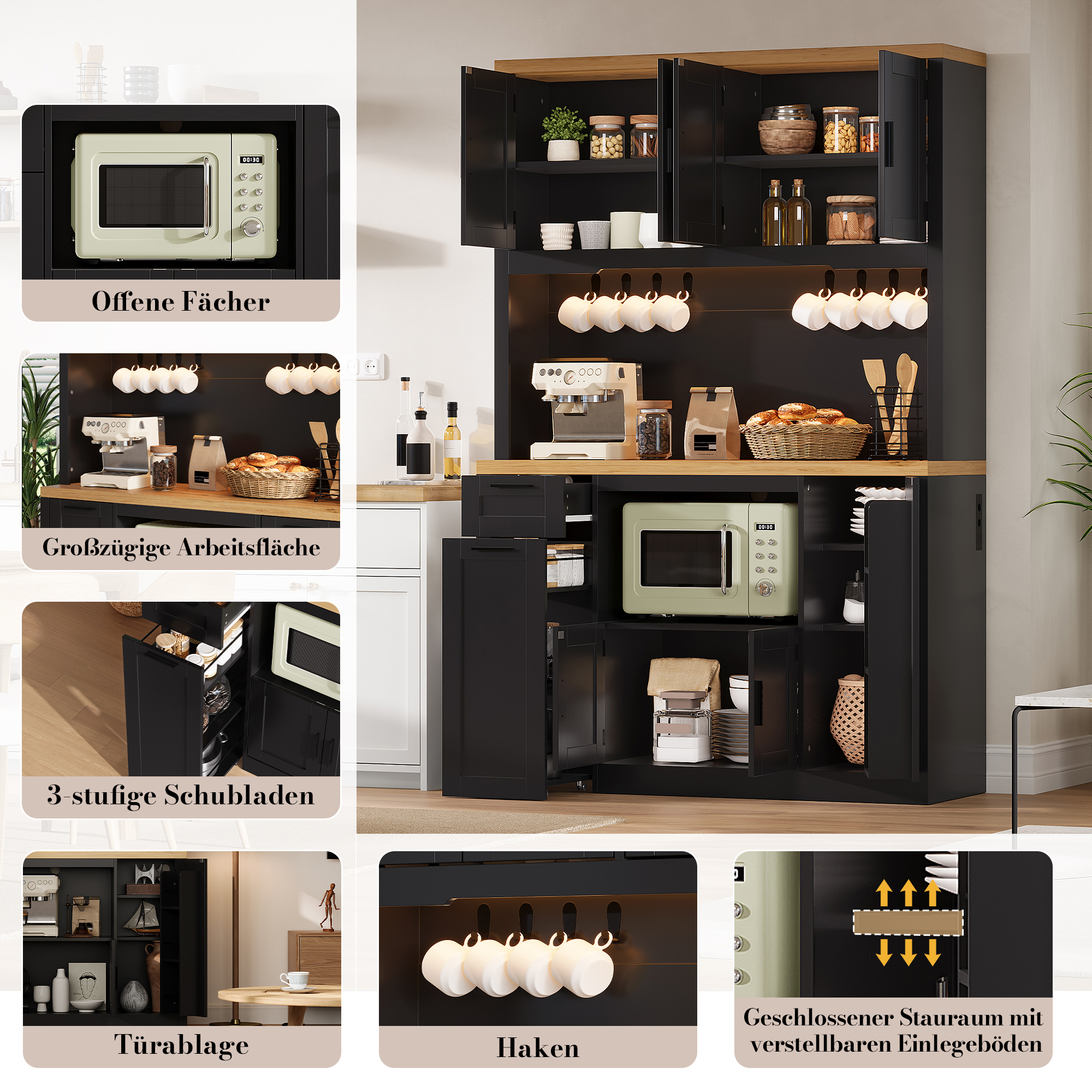 Vitrine, avec tiroirs, étagères réglables, éclairage led, 120 x 40 x 182 cm, MDF, bois naturel - vue 5