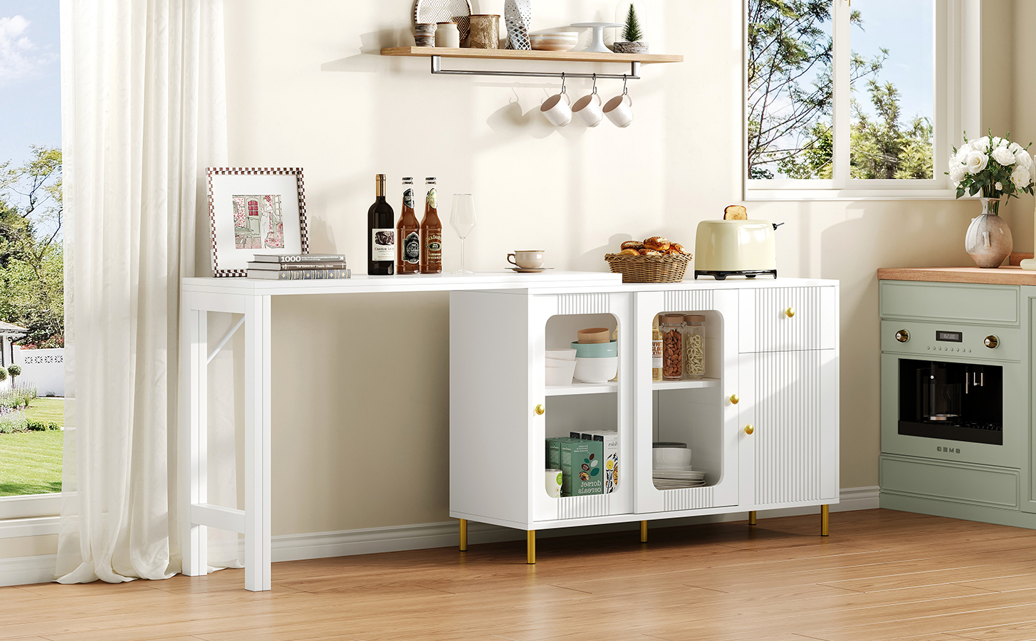 Buffet avec plateau extensible 122×40 à 122×80 cm, armoire blanche pieds métal doré, portes verre trempé, pour salon et salle à manger, design minimaliste, beaucoup de rangement, style élégant, fonctionnalité - image 11