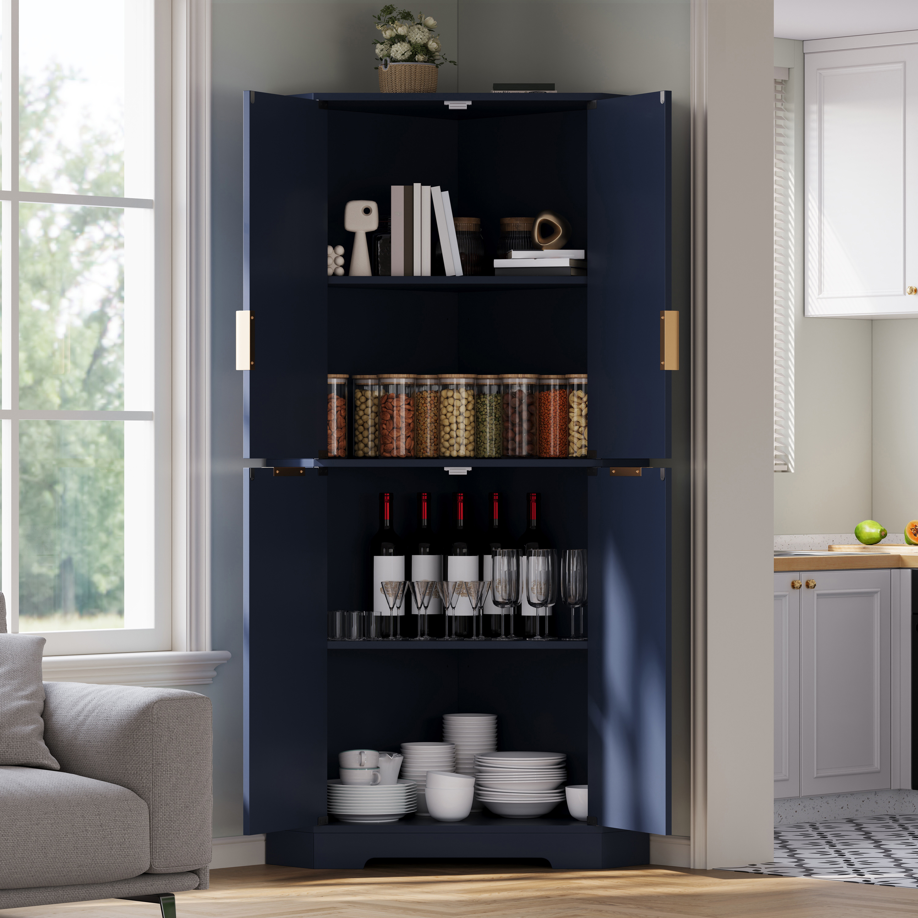 Buffet, étagères réglables, 60 x 60 x 172 cm, MDF, bleu - vue 3