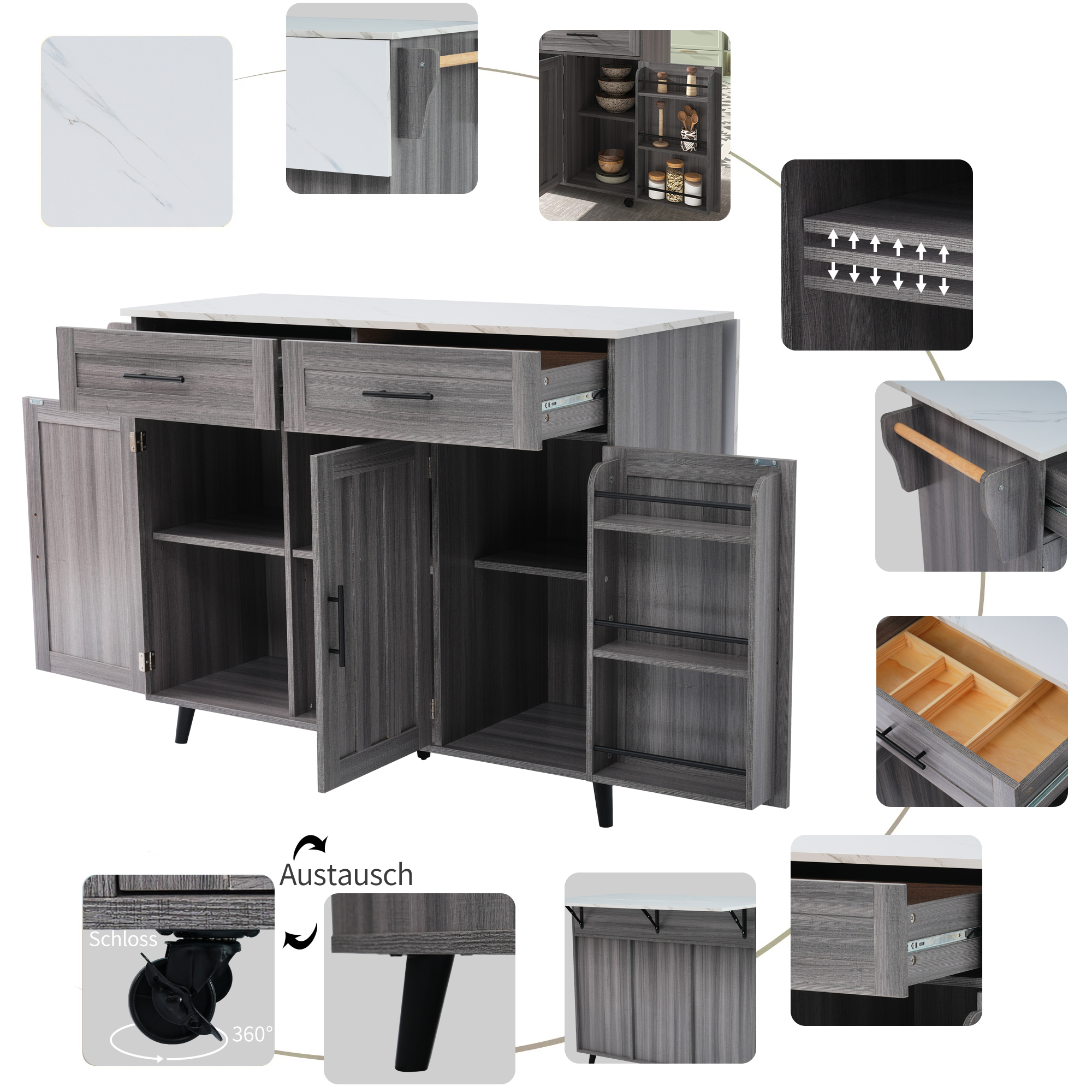 Buffet, extensible, mobile sur roulettes, rangement intégré, 129 x 46 x 91,5 cm, bois massif, blanc - vue 4