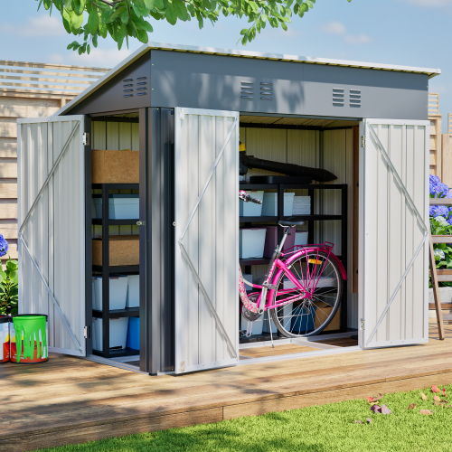 Abri de jardin métallique gris pour outils vélos et tondeuse