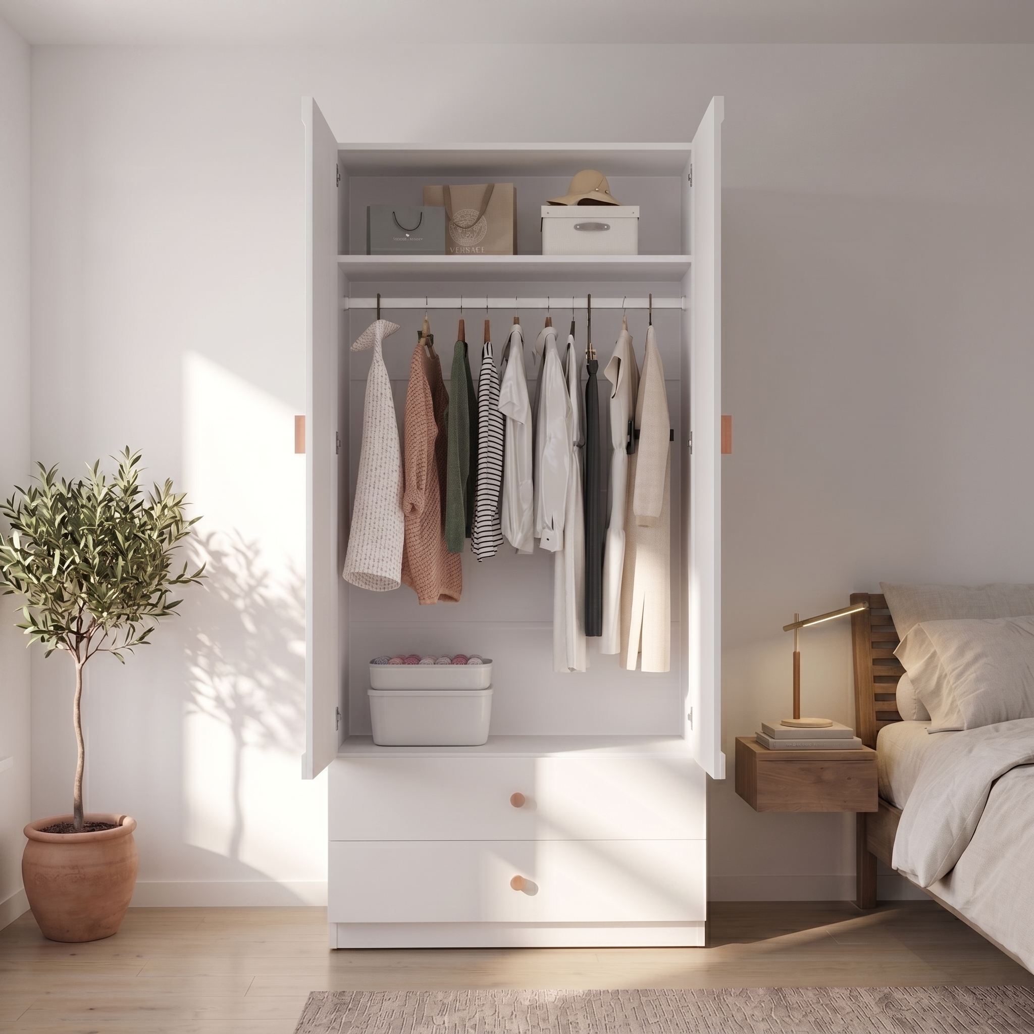 Armoire-penderie, rangement intégré, avec tiroirs, 90 x 45 x 200 cm, bois massif et acier, blanc - vue 5
