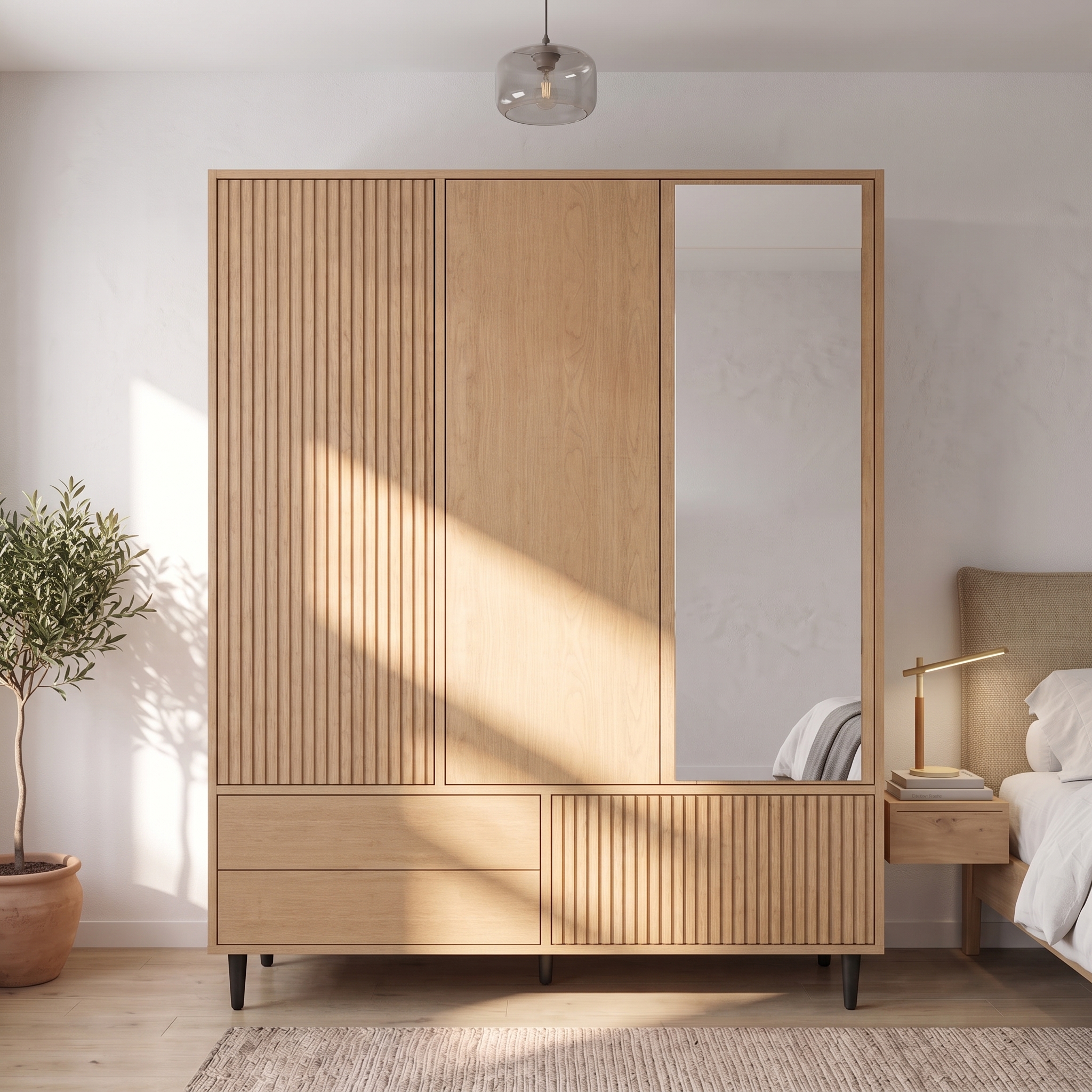 Armoire 3 portes avec miroir effet bois