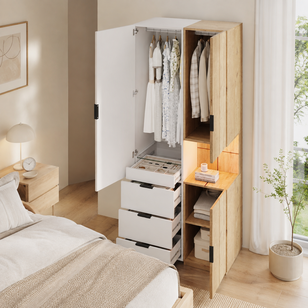 Armoire-penderie, avec tiroirs, éclairage led, 90 x 49 x 200 cm, MDF, blanc - vue 4