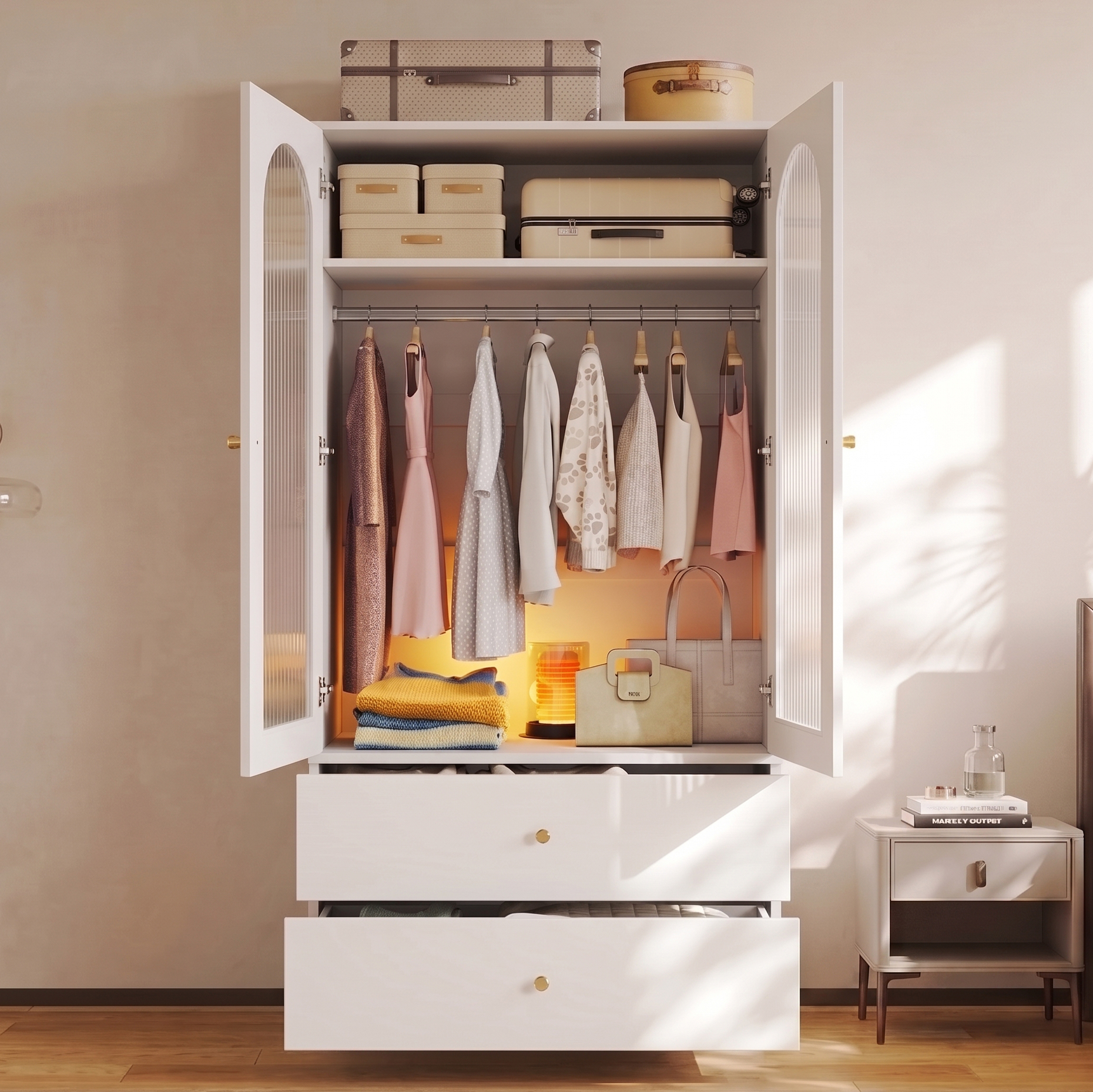 Armoire-penderie, rangement intégré, avec tiroirs, éléments en verre, 90 x 50 x 200 cm, verre et MDF, blanc - vue 3
