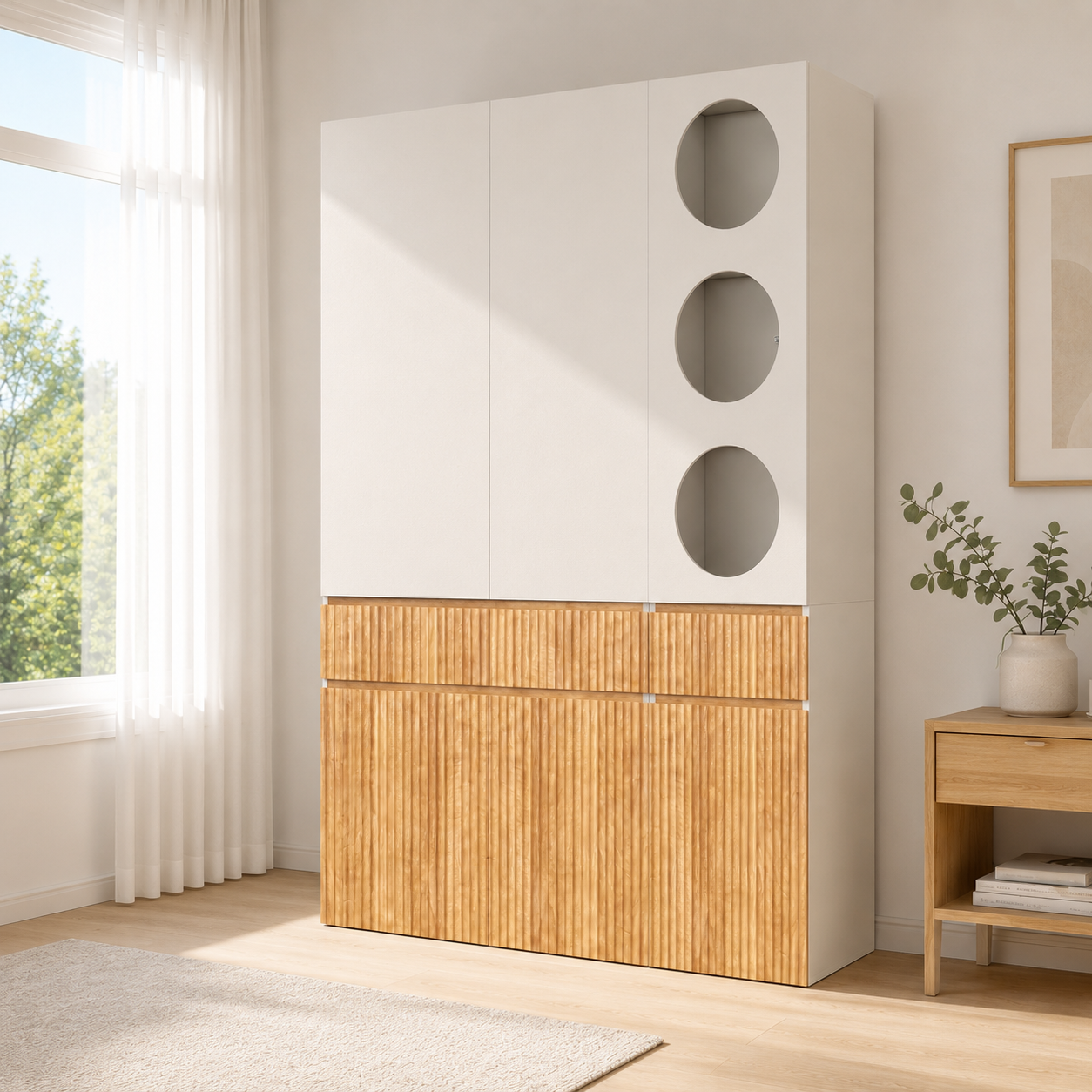 Armoire-penderie, 2 tiroirs, 6 portes, 135 x 50 x 200 cm, MDF et panneaux de particules, gris clair et bois naturel - vue 2