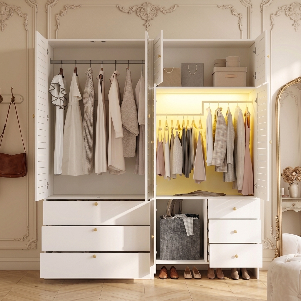 Armoire ouverte avec panier à linge et tiroirs